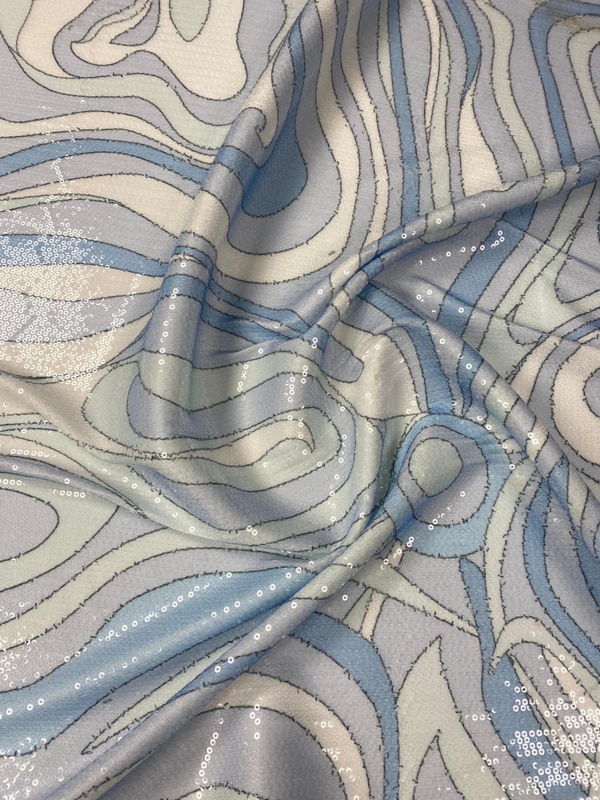 Abstract Pattern Sequin Fabric in Blue and Grey by the Metre - Whotex Fabrics London