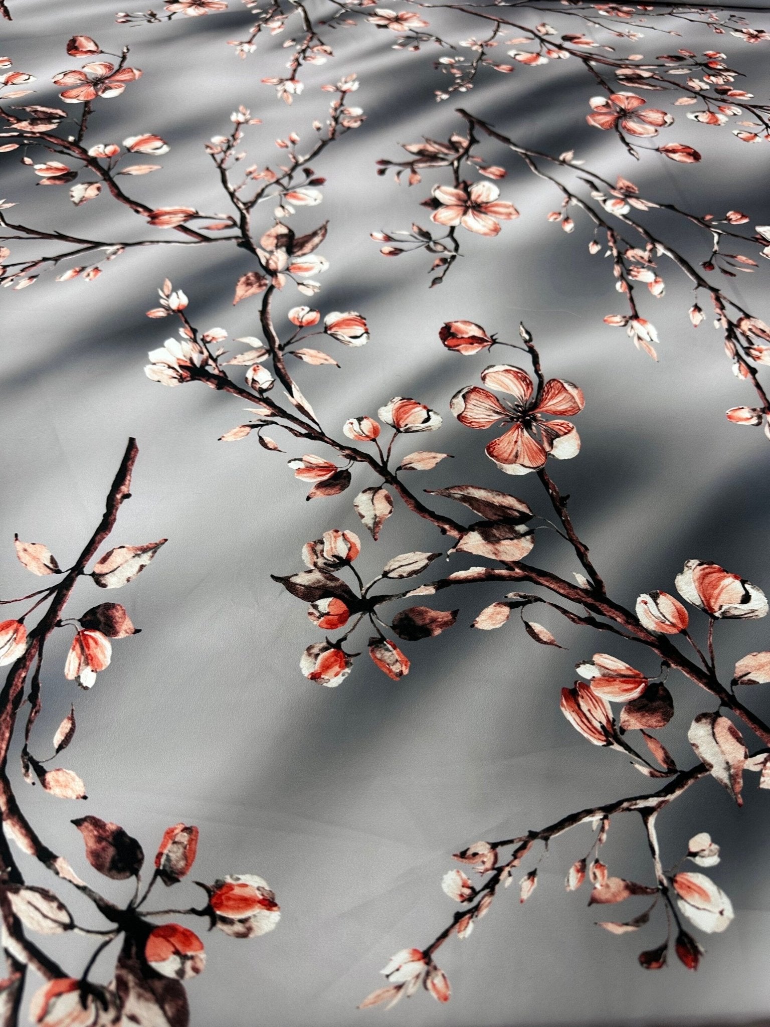 Almond Blossom Pattern Silky Crepe Fabric , Gray - Whotex