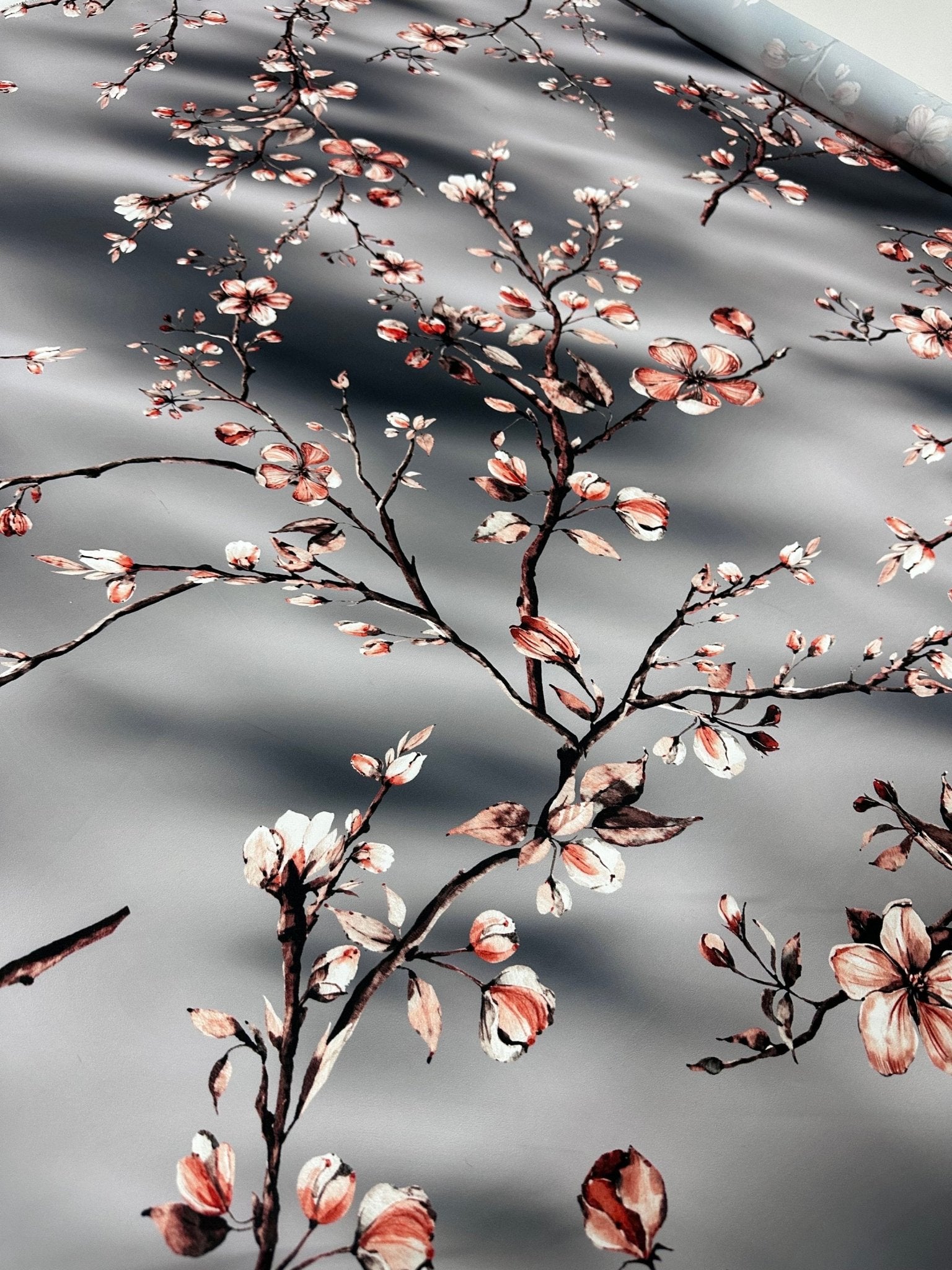 Almond Blossom Pattern Silky Crepe Fabric , Gray - Whotex