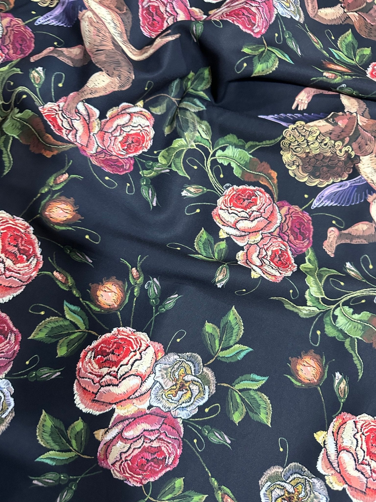 Angel Print Silky Crepe Fabric, Floral Pattern Fabric , - Whotex