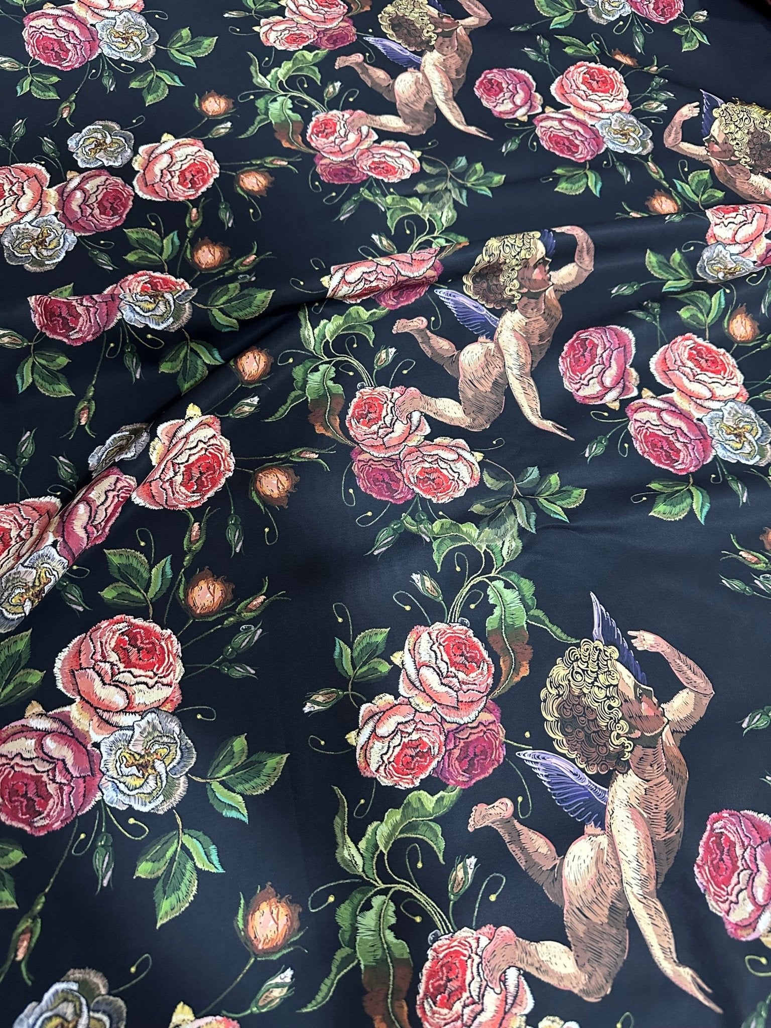 Angel Print Silky Crepe Fabric, Floral Pattern Fabric , - Whotex