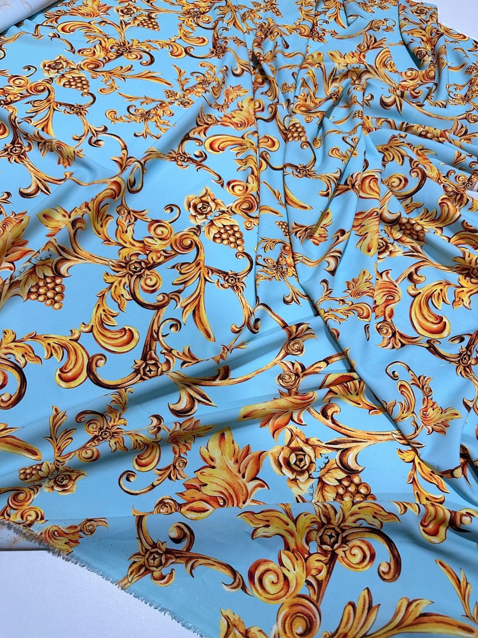 Baby Blue Silky Crepe Fabric, Gold Baroque print Fabric - Whotex