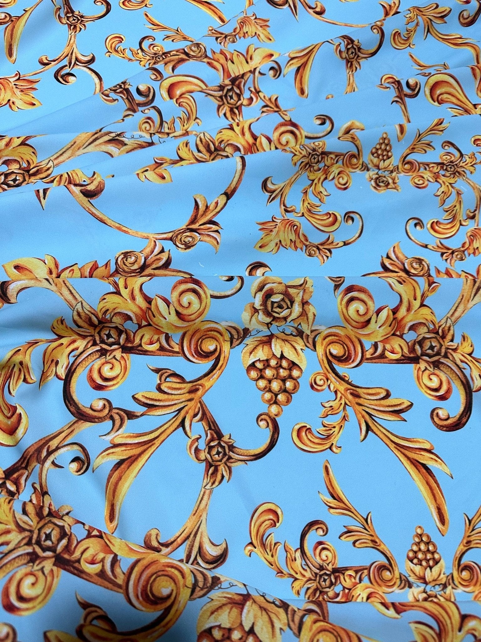 Baby Blue Silky Crepe Fabric, Gold Baroque print Fabric - Whotex