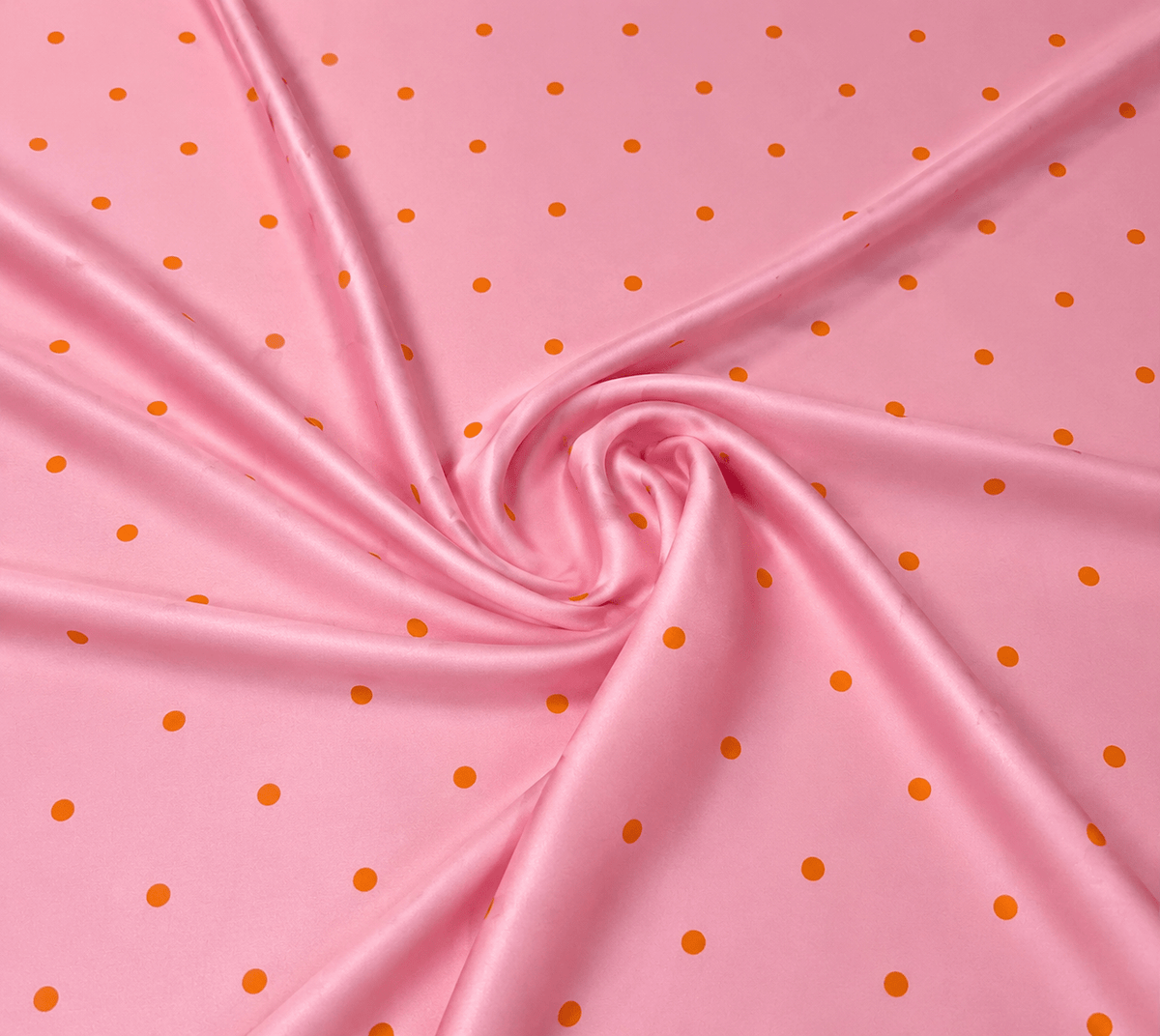 Baby Pink with Orange Polka Dot Satin Fabric by the Metre - Whotex Fabrics London