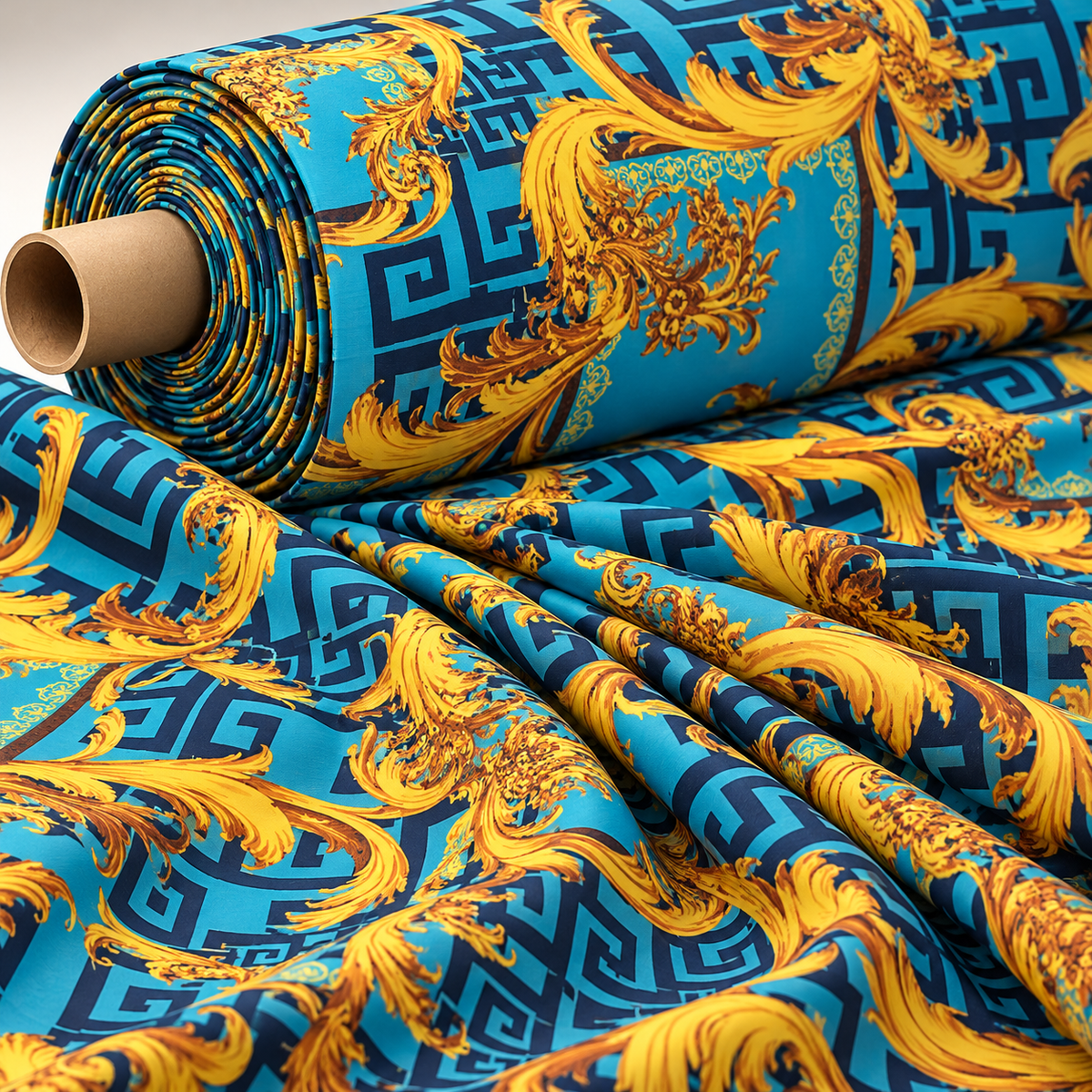 Baroque Blue & Gold Fabric – Ornate Italian Style Print by the Metre - Whotex Fabrics London