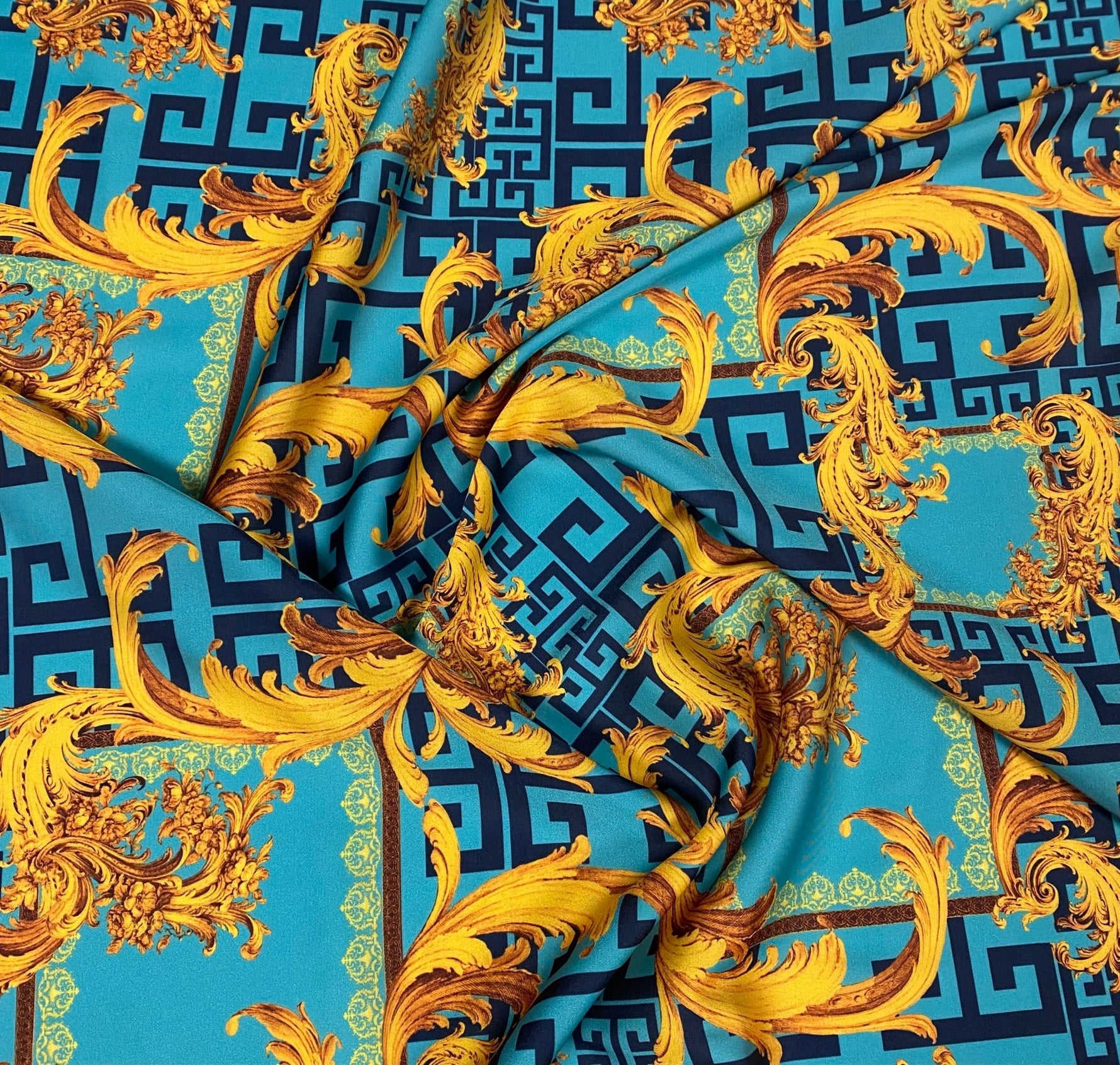 Baroque Blue & Gold Fabric – Ornate Italian Style Print by the Metre - Whotex Fabrics London
