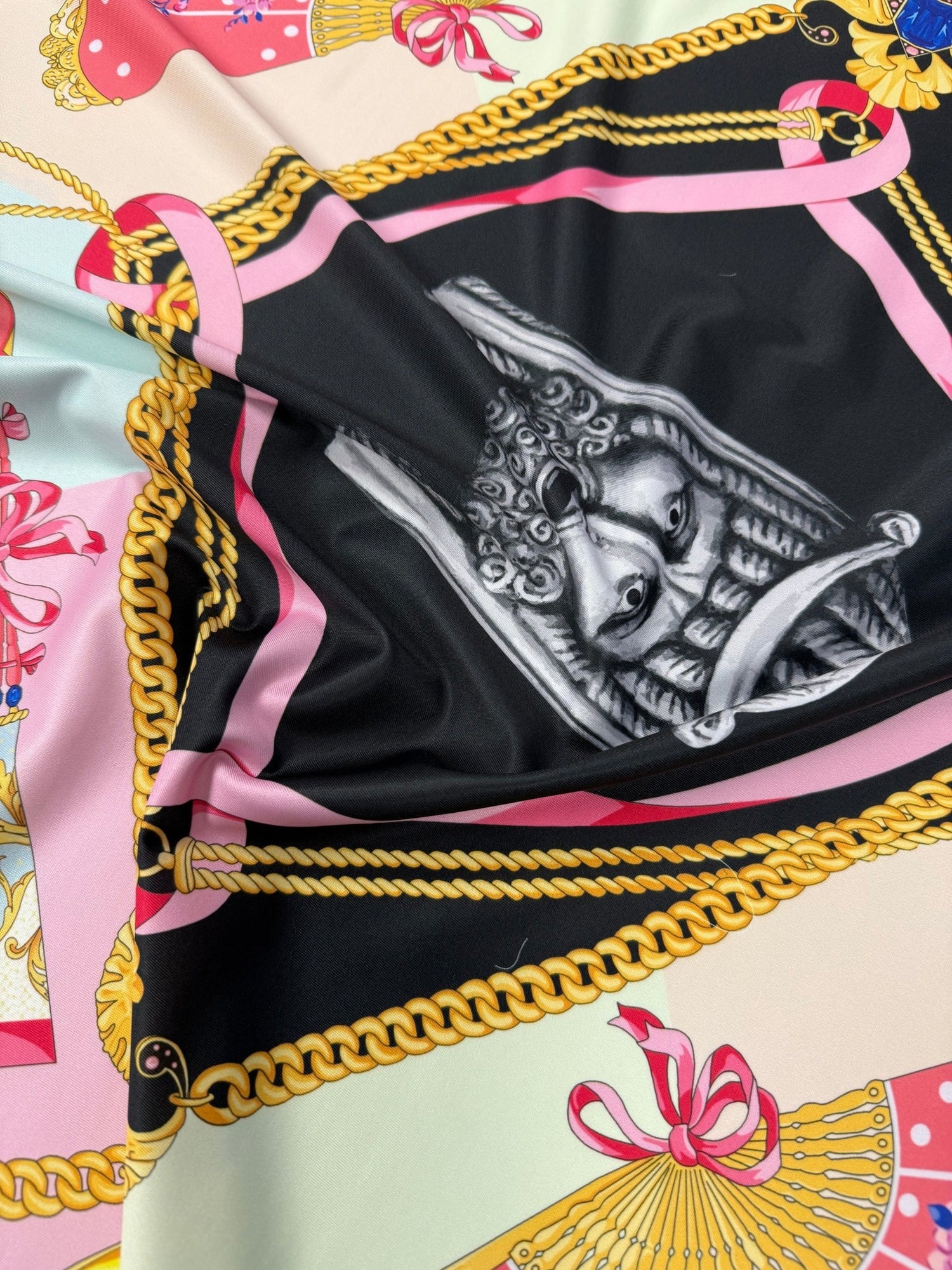 Baroque Chain & Mask Print Spandex Fabric - Whotex Fabrics London