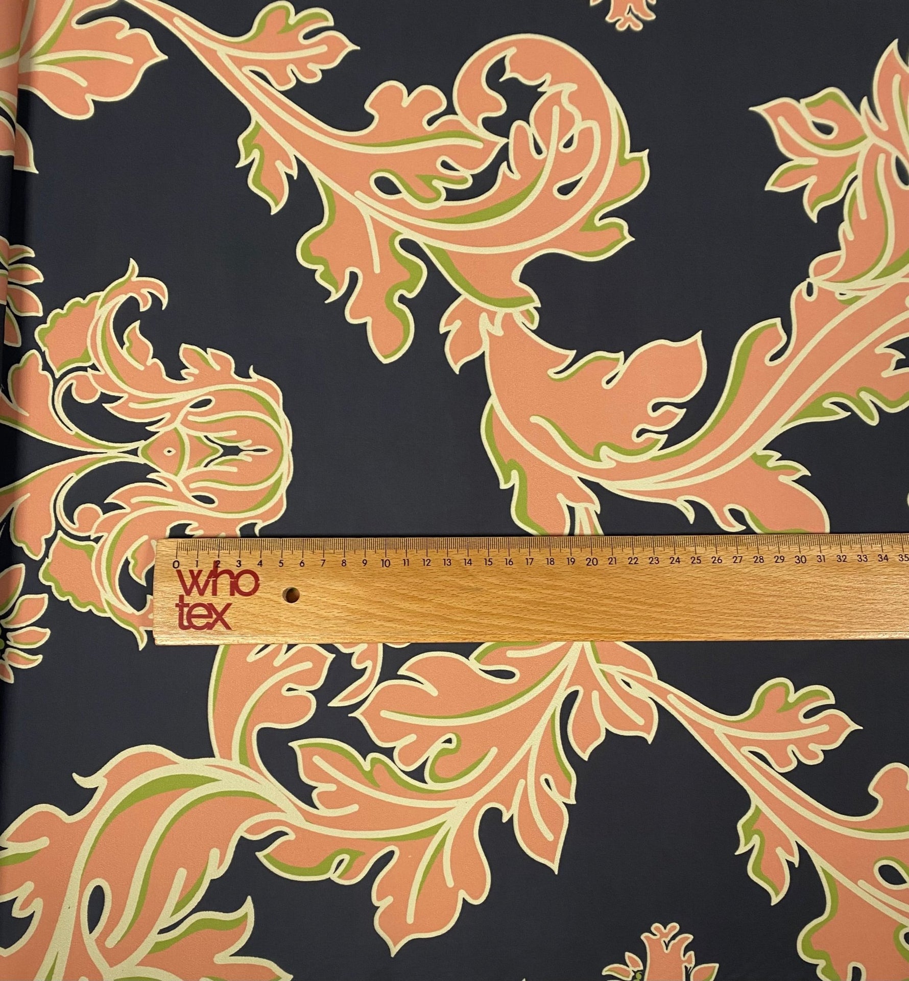 Baroque Floral Crepe Fabric by the Metre – Black Peach Green Design - Whotex Online Fabric Store