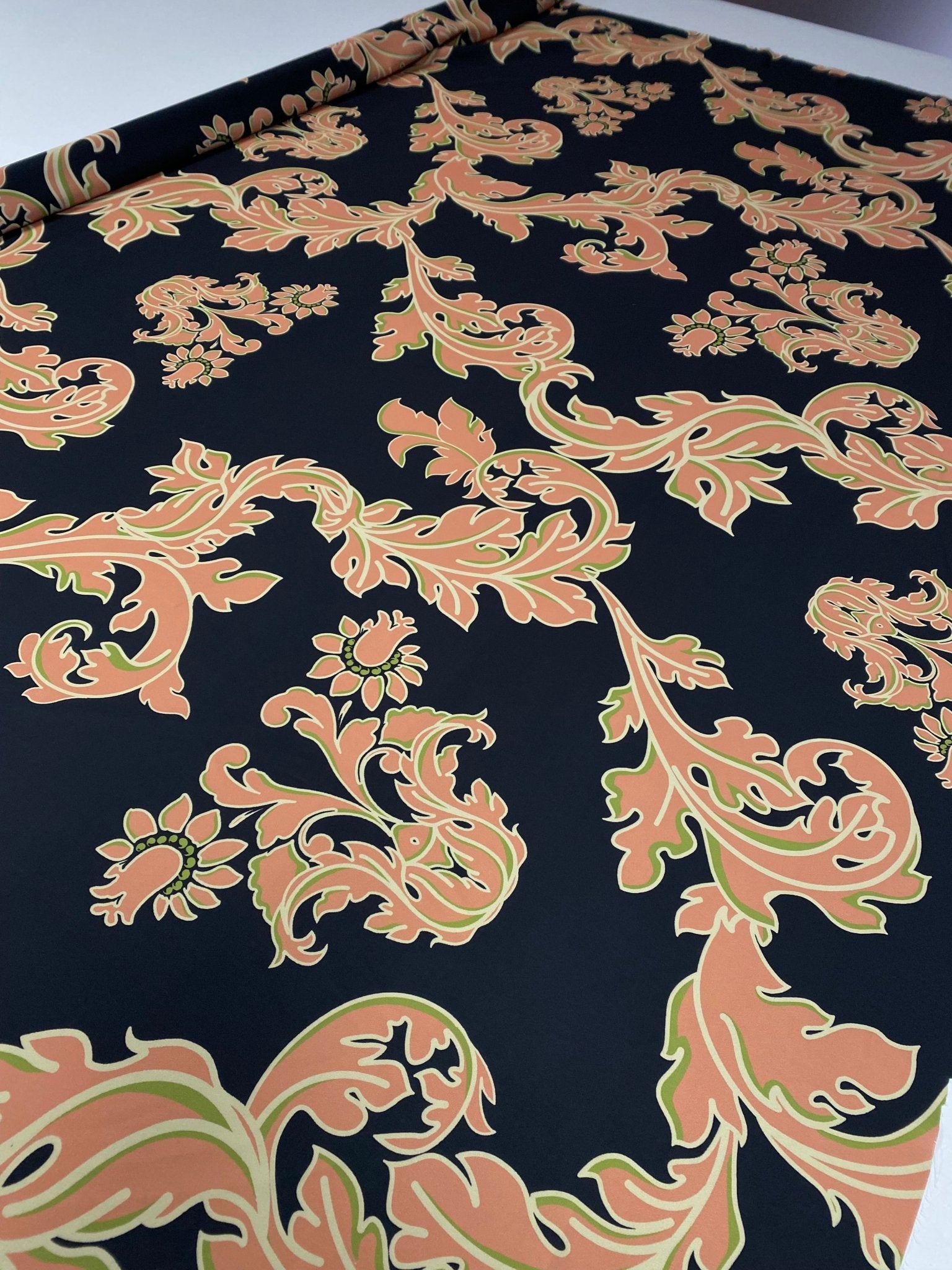 Baroque Floral Crepe Fabric by the Metre – Black Peach Green Design - Whotex Online Fabric Store