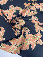 Baroque Floral Crepe Fabric by the Metre – Black Peach Green Design - Whotex Online Fabric Store