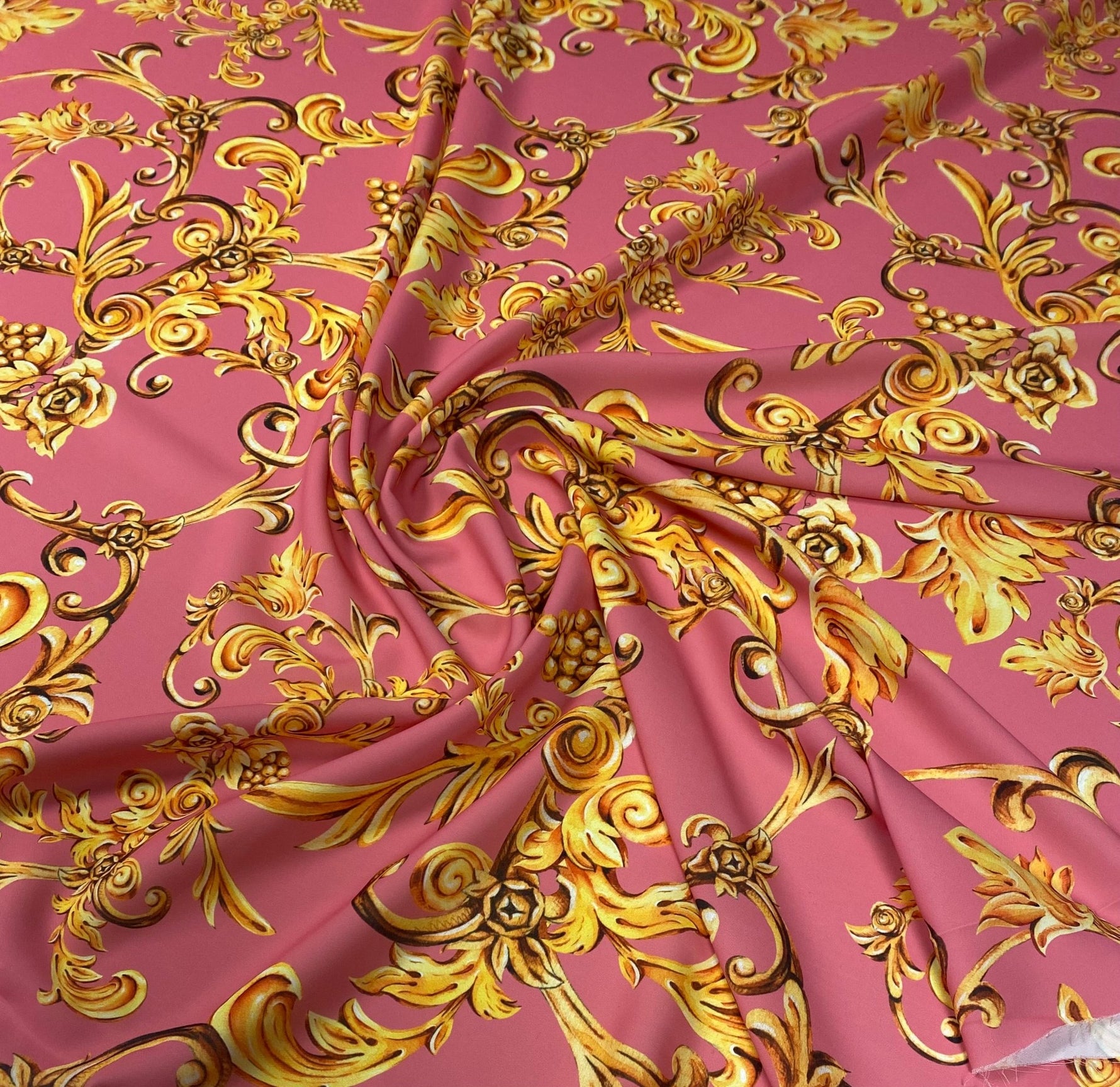 Baroque Floral Crepe Fabric by the Metre – Pink & Gold Luxury Design - Whotex Online Fabric Store