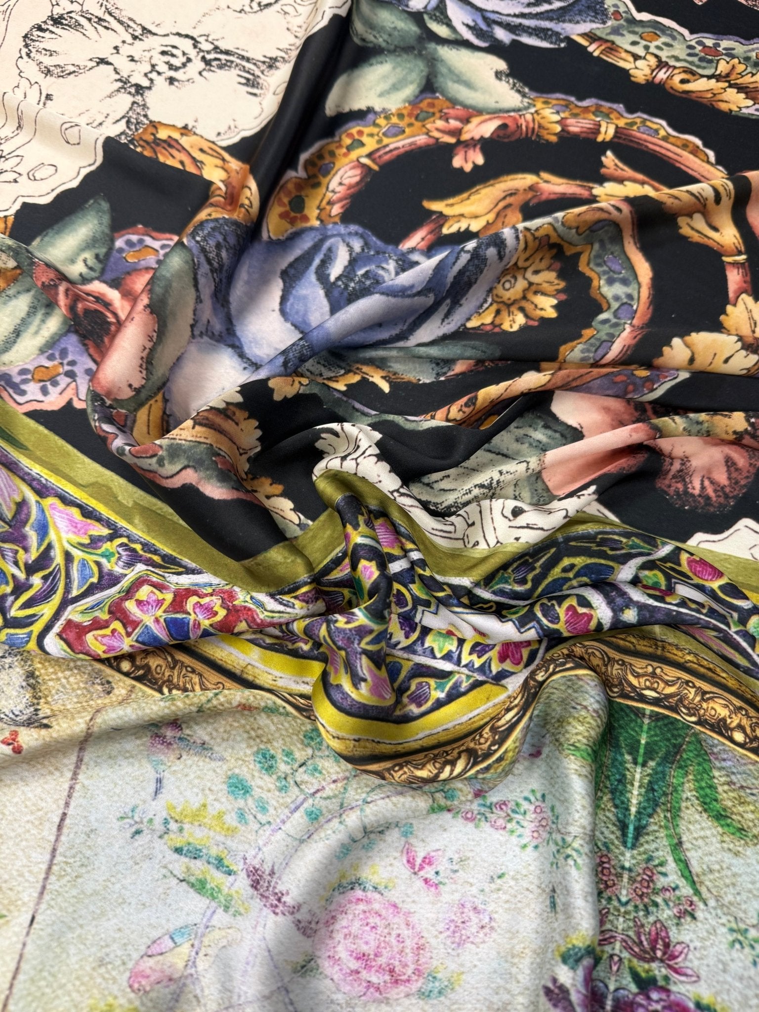 Baroque Floral Satin Fabric by the Metre - Whotex Fabrics London