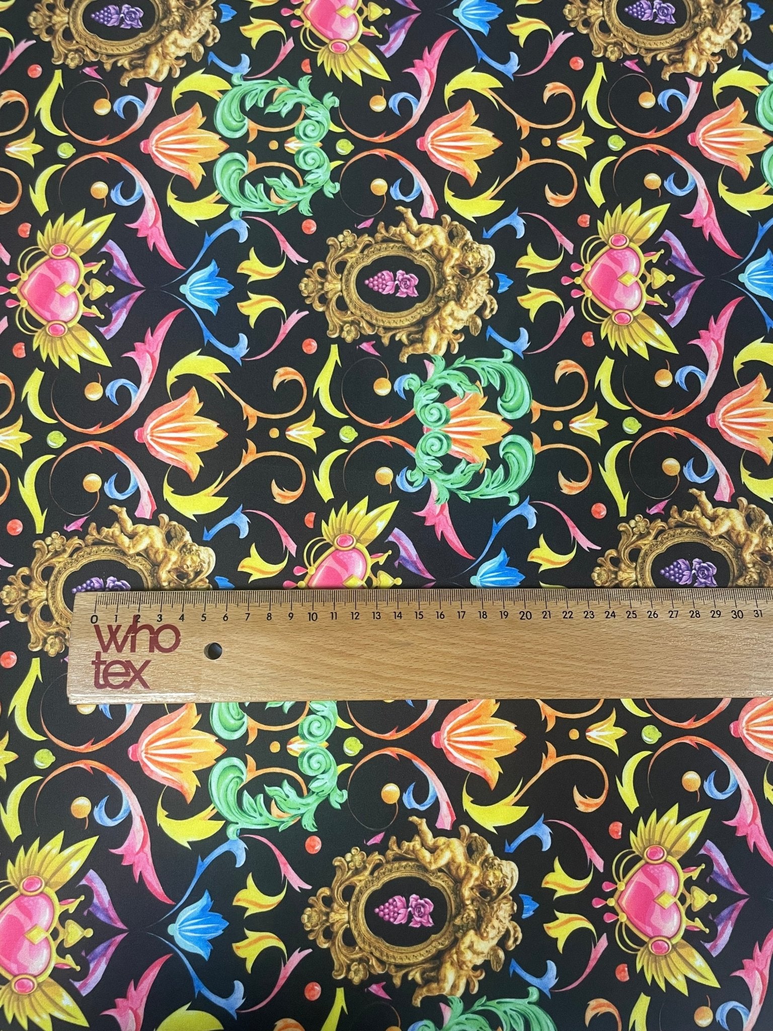 Baroque Floral Spandex Fabric with Gold Motifs - Whotex Fabrics London