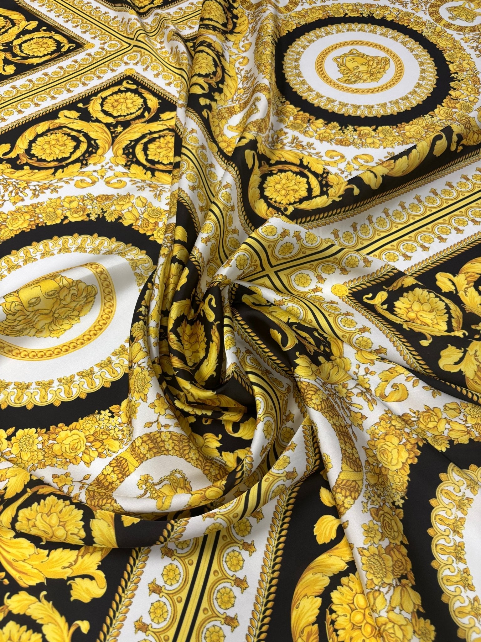 Baroque Gold Medallion Chiffon Satin Fabric by the Metre – Luxury Material - Whotex Online Fabric Store