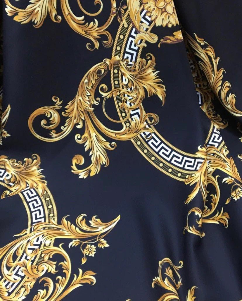 Baroque Pattern Black Gold Fabric, Silky Crepe, Satin and Spandex - Whotex