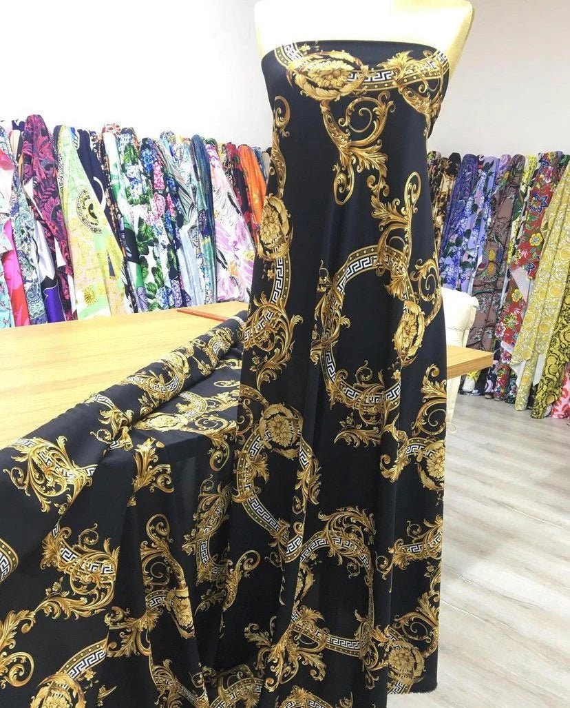 Baroque Pattern Black Gold Fabric, Silky Crepe, Satin and Spandex - Whotex