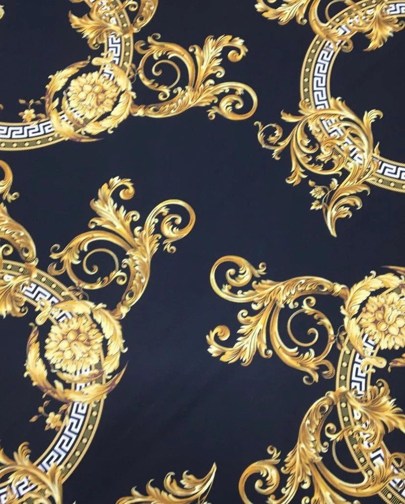 Baroque Pattern Black Gold Fabric, Silky Crepe, Satin and Spandex - Whotex