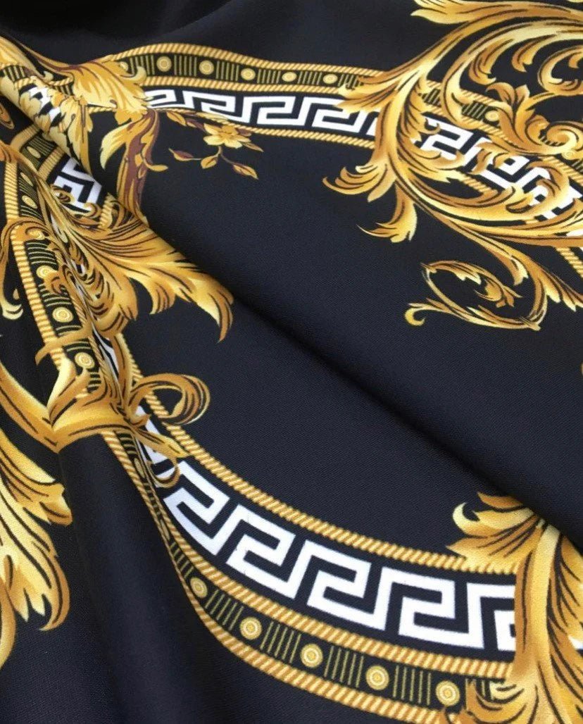 Baroque Pattern Black Gold Fabric, Silky Crepe, Satin and Spandex - Whotex