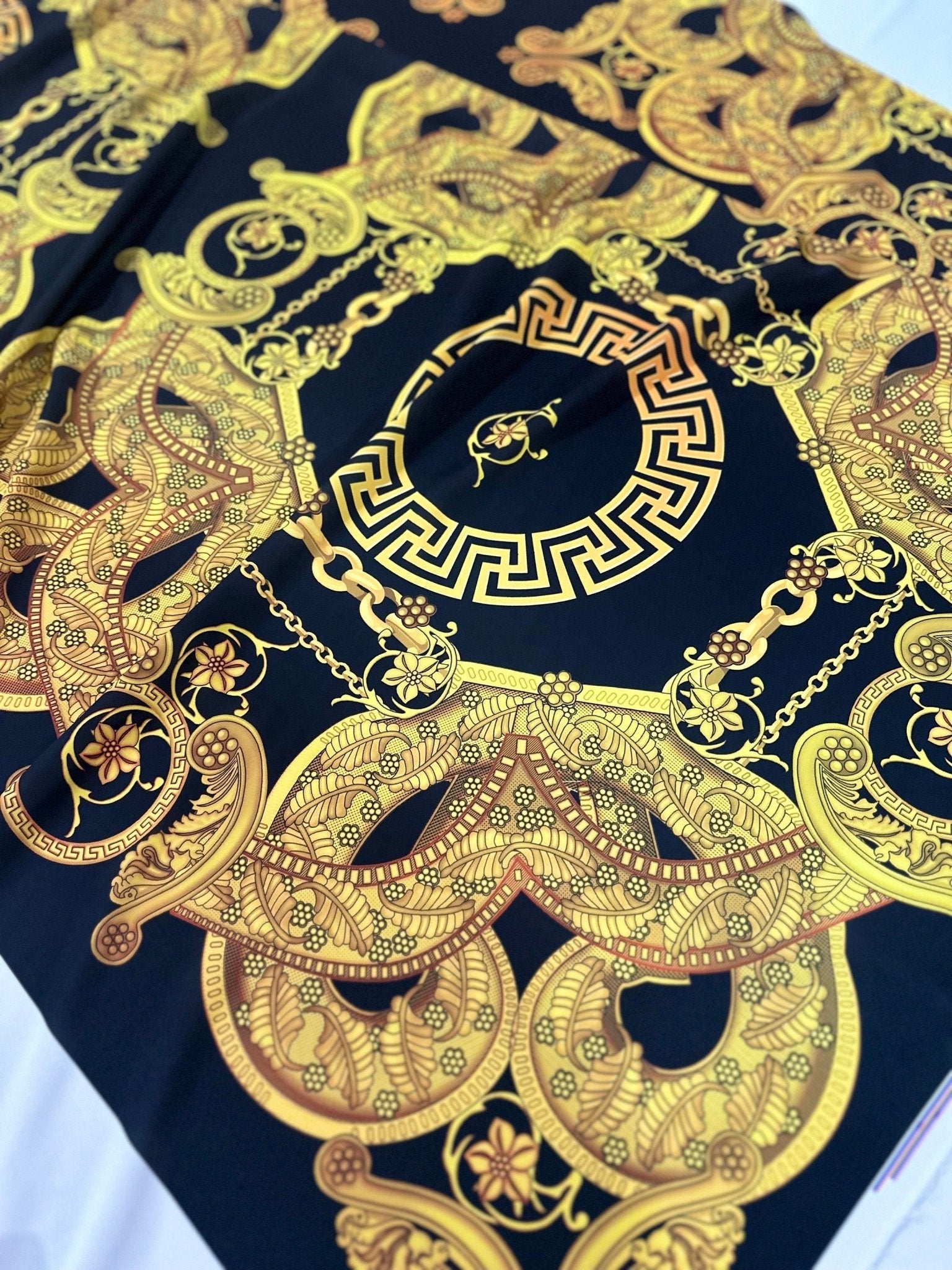 Baroque Pattern Crepe Fabric , Black Gold Silky Crepe Fabric - Whotex