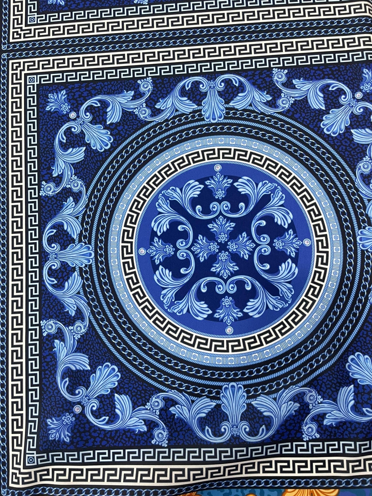 Baroque Pattern Crepe Fabric, Navy Blue color fabric, Greek Key Pattern Fabric - Whotex