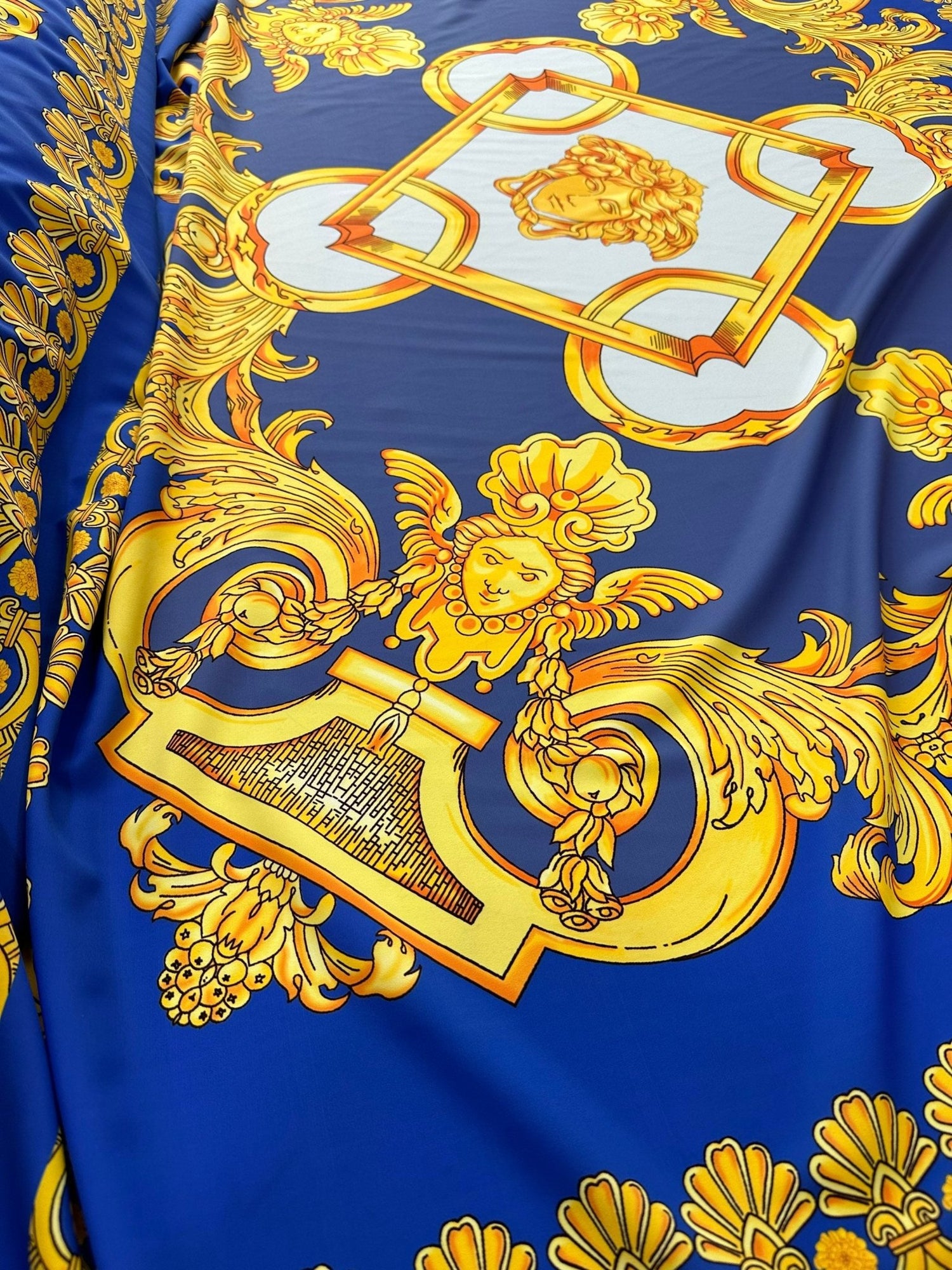 Baroque pattern fabric, Blue Silky Crepe Fabric , Fabric by the yard, Panel Fabric 150*100cm // 1.64 * 1.09 yard - Whotex Online Fabric Store