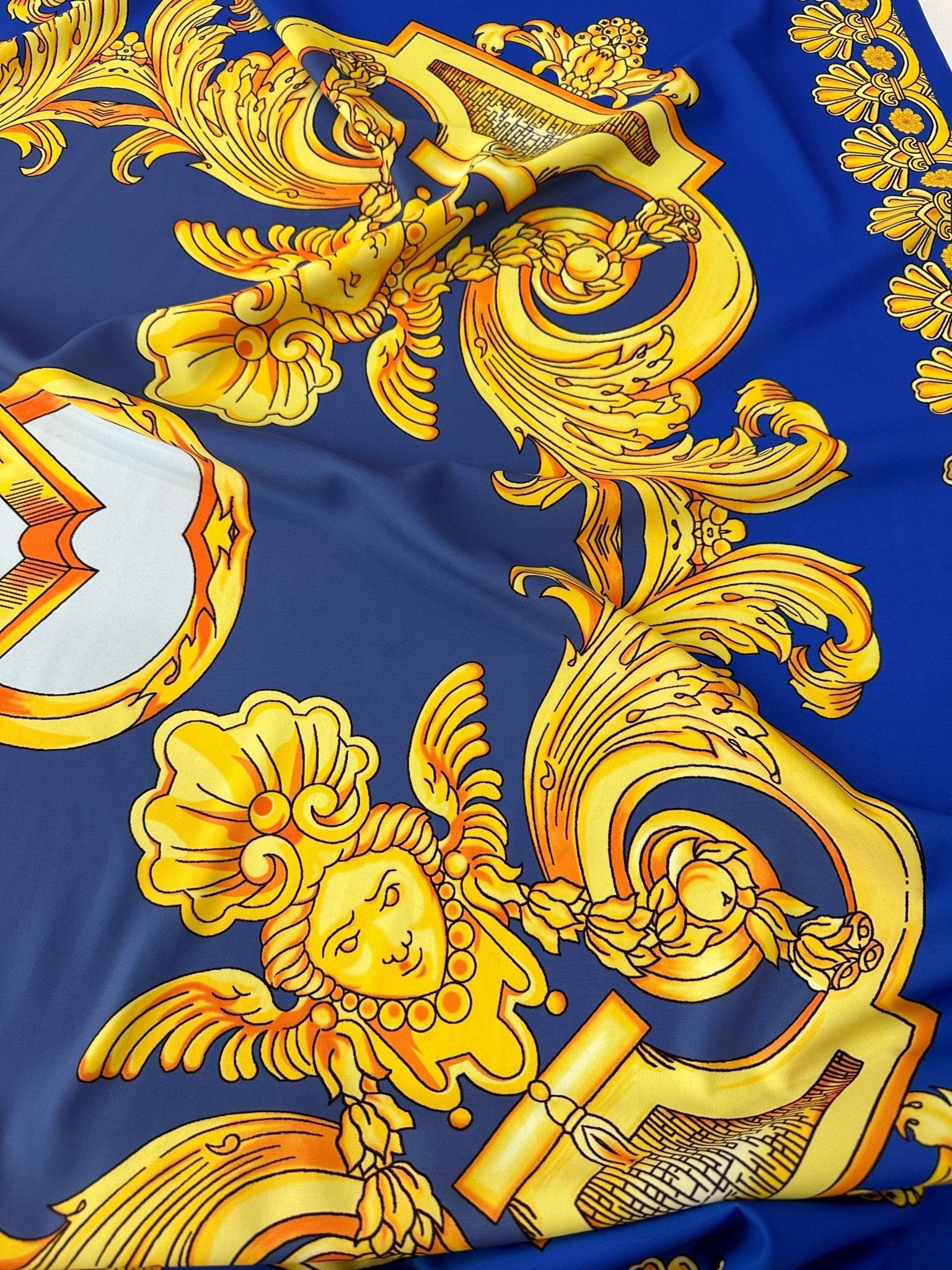 Baroque pattern fabric, Blue Silky Crepe Fabric , Fabric by the yard, Panel Fabric 150*100cm // 1.64 * 1.09 yard - Whotex Online Fabric Store