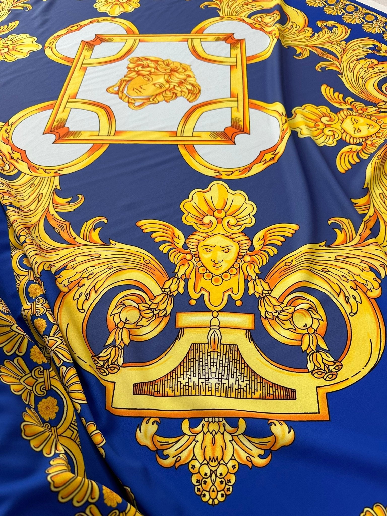Baroque pattern fabric, Blue Silky Crepe Fabric , Fabric by the yard, Panel Fabric 150*100cm // 1.64 * 1.09 yard - Whotex Online Fabric Store