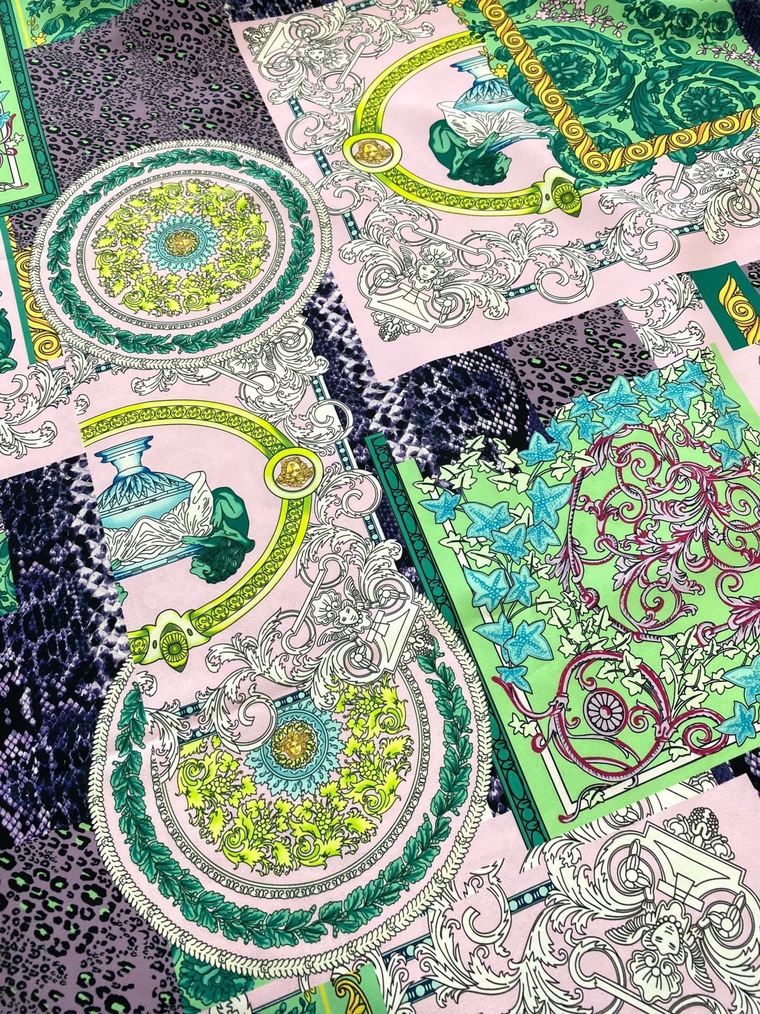 Baroque Pattern Fabric, Green Borders Soft Colors Fabric By The Yard - Whotex Online Fabric Store