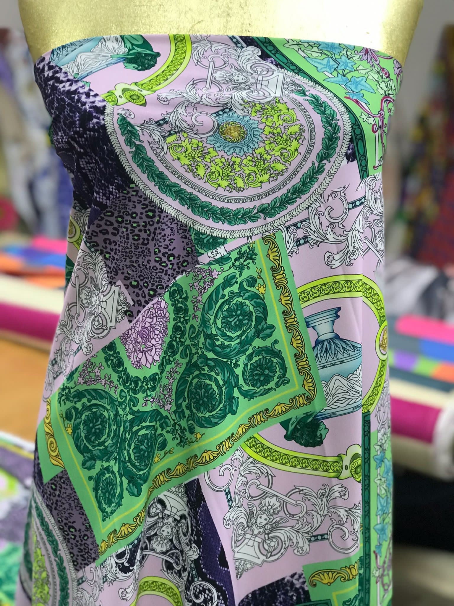 Baroque Pattern Fabric, Green Borders Soft Colors Fabric By The Yard - Whotex Online Fabric Store
