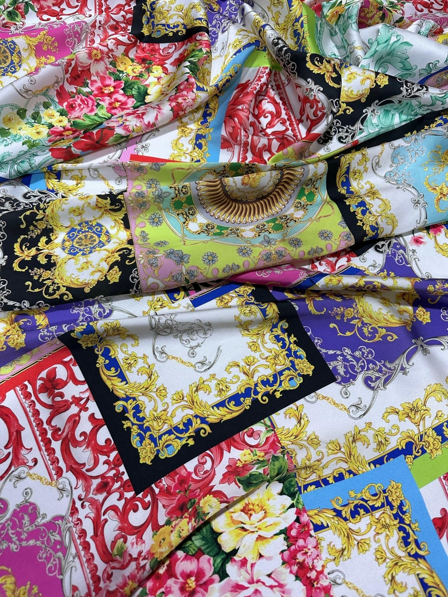 Baroque Pattern fabric, Multicolor Silky Satin Fabric, - Whotex