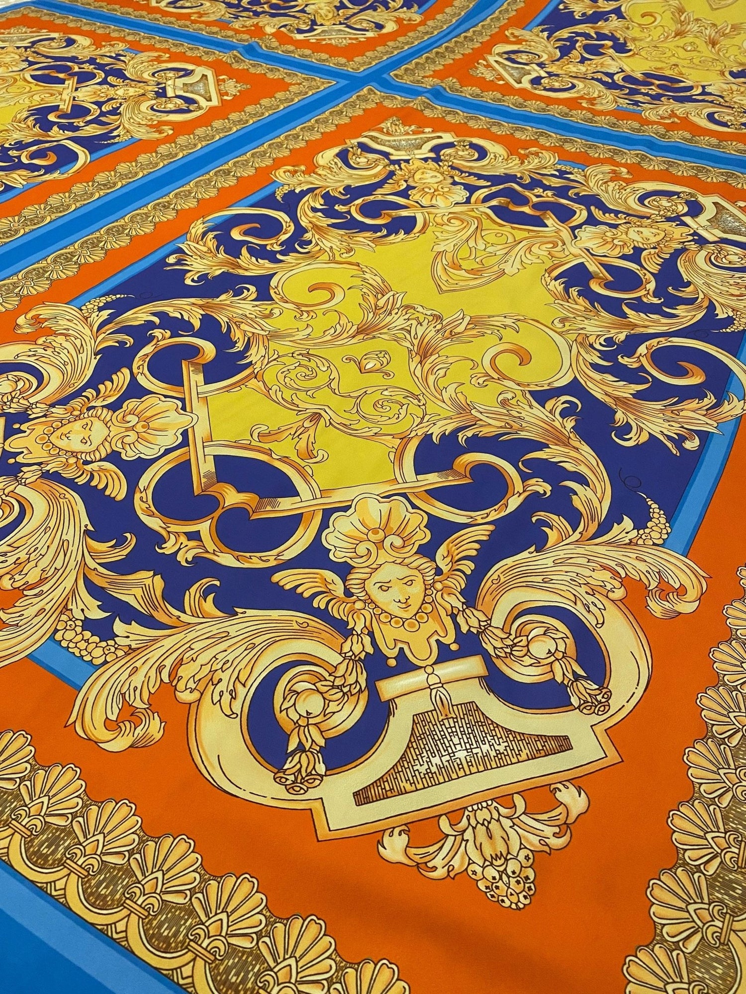 Baroque Pattern Fabric, Orange Border Gold Details Fabric - Whotex Online Fabric Store