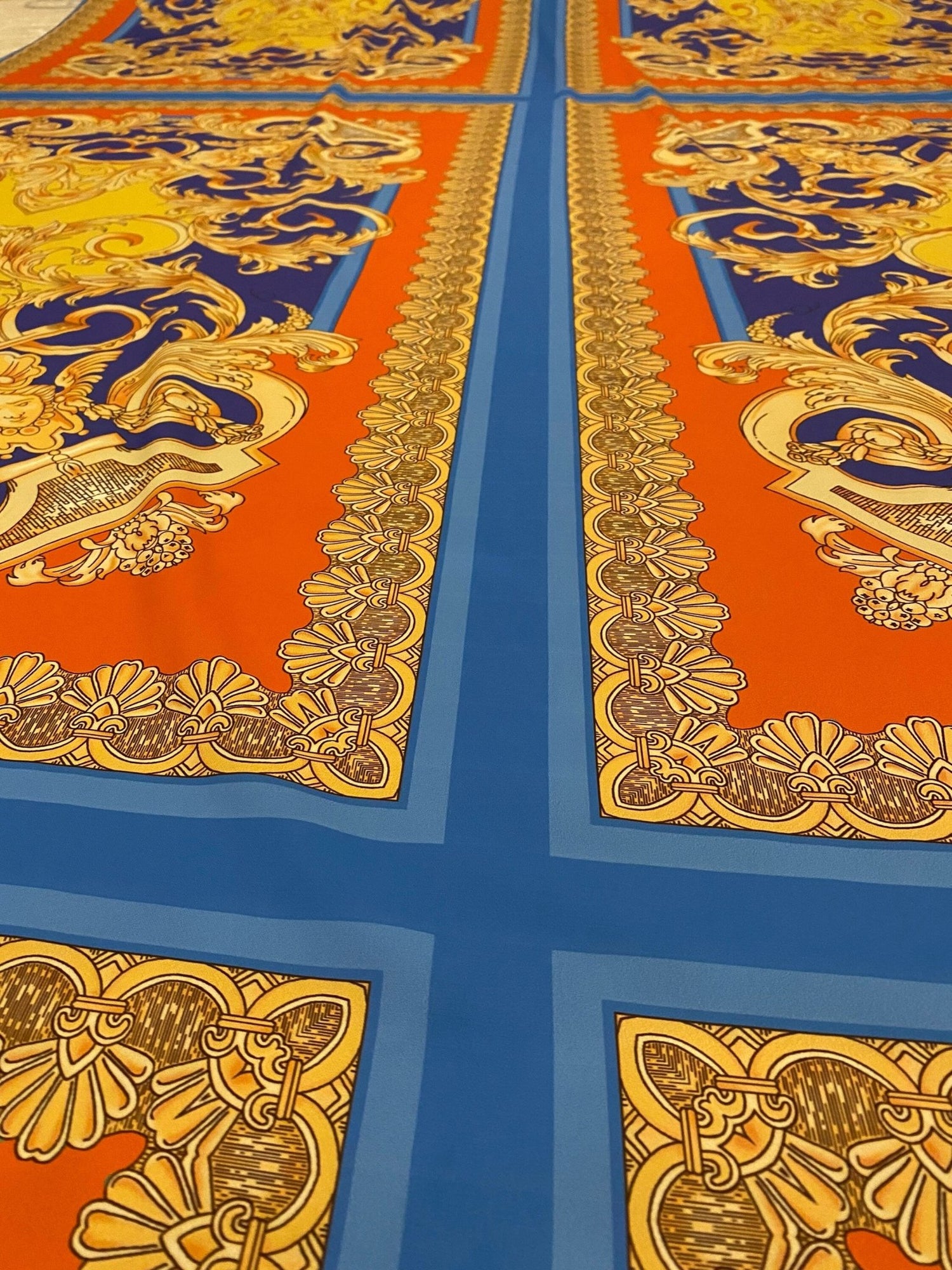 Baroque Pattern Fabric, Orange Border Gold Details Fabric - Whotex Online Fabric Store