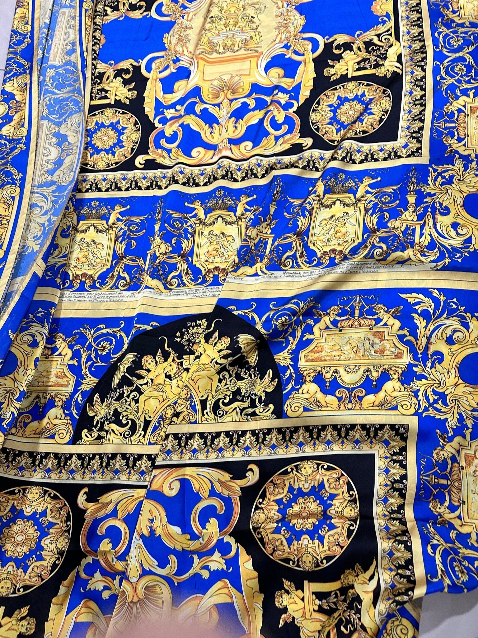 Baroque Pattern fabric, Royal Blue Silky Satin Fabric, Desing - Whotex