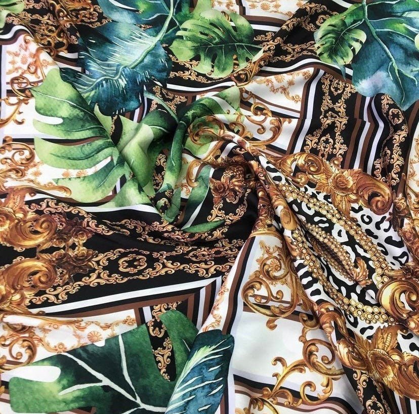 Baroque Pattern Fabric, Tropical Green And Gold Fabric - Whotex Online Fabric Store