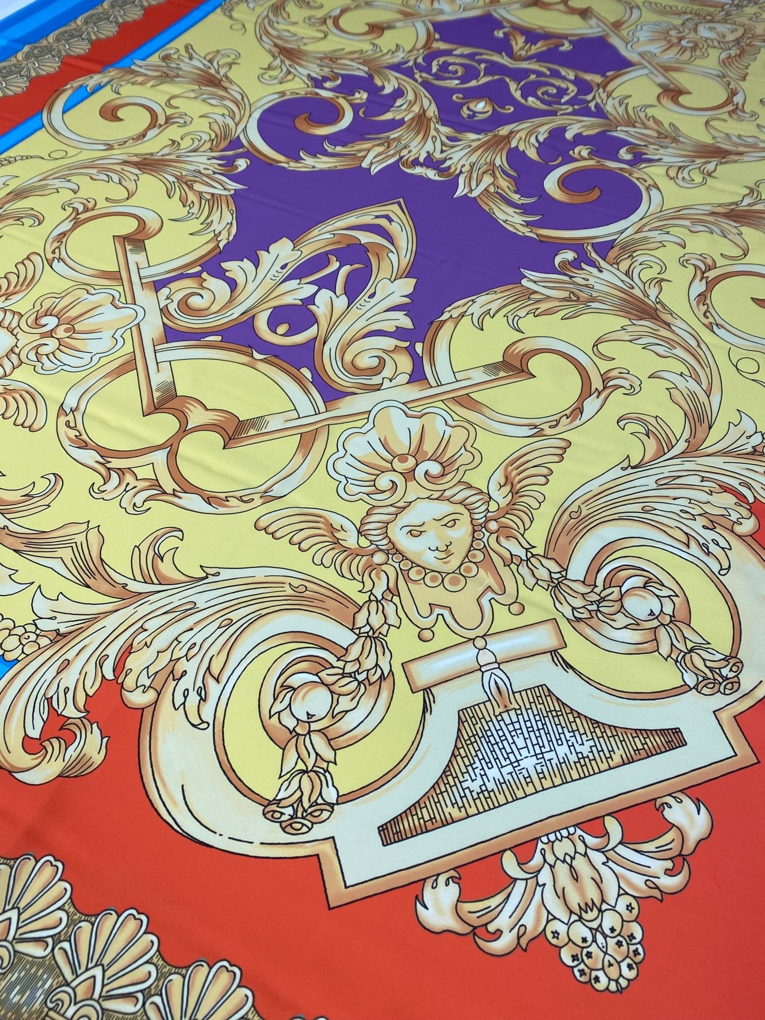 Baroque Pattern Fabric with Orange Border and Gold Accents – Multiple Fabric Options, Sold by Metre - Whotex Fabrics London