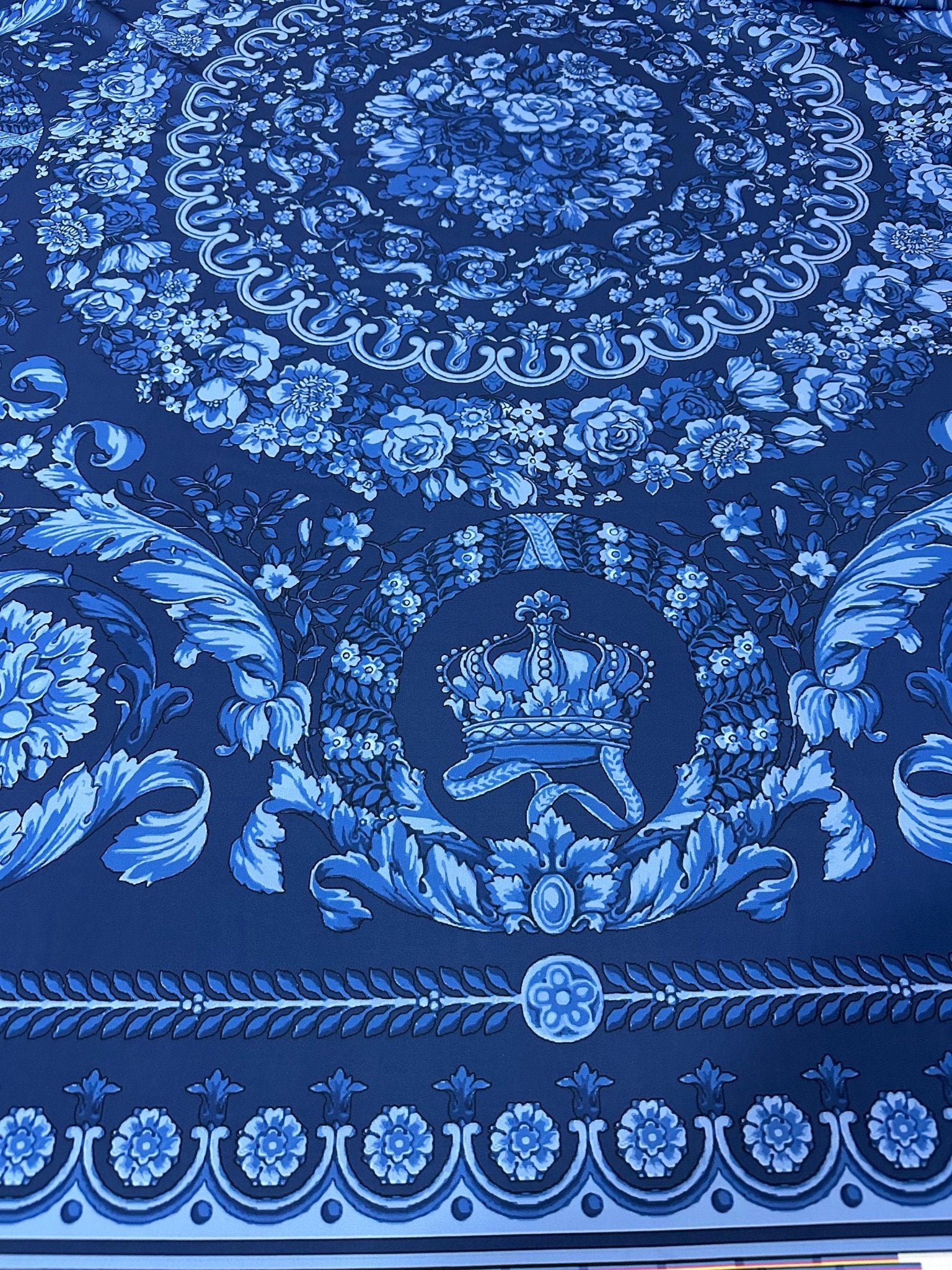 Baroque Pattern Silky Crepe Fabric, Blue Color Crepe fabric, - Whotex