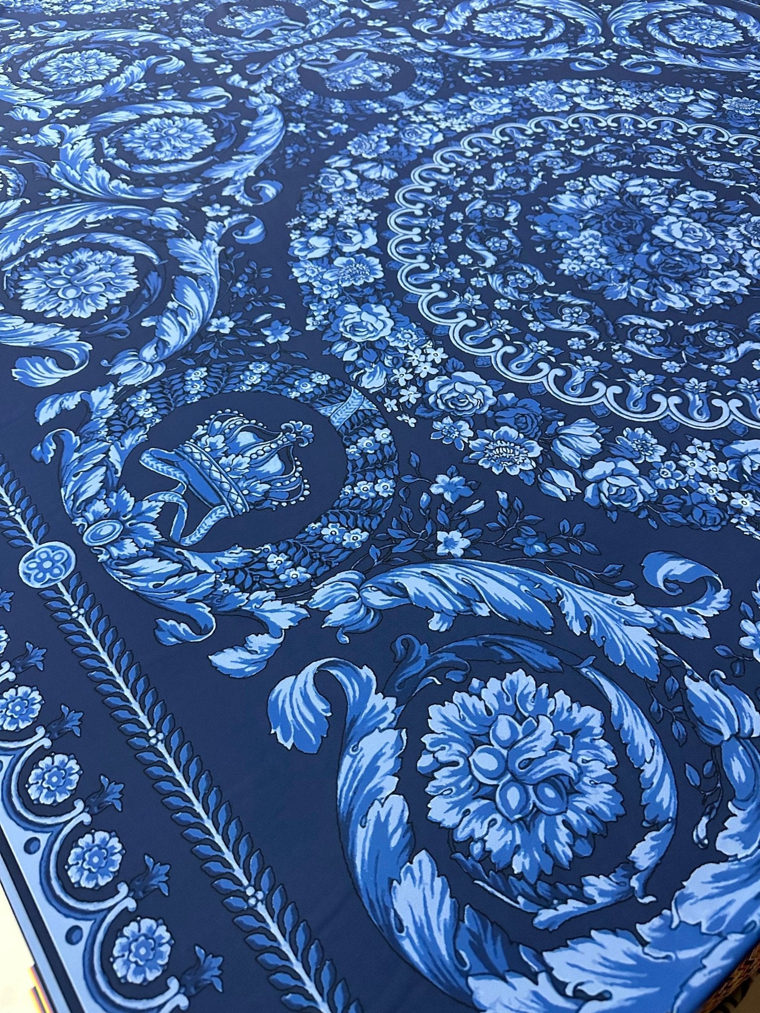 Baroque Pattern Silky Crepe Fabric, Blue Color Crepe fabric, - Whotex