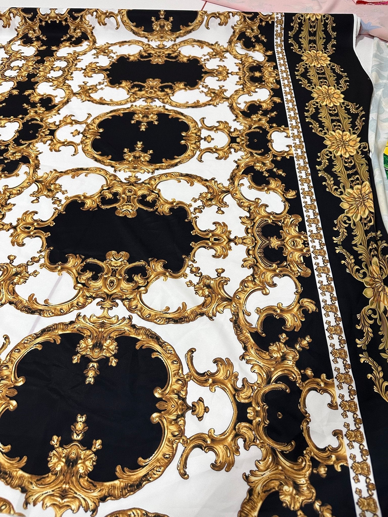 Baroque Pattern Silky Crepe Fabric, Cream Black Gold Fabric - Whotex