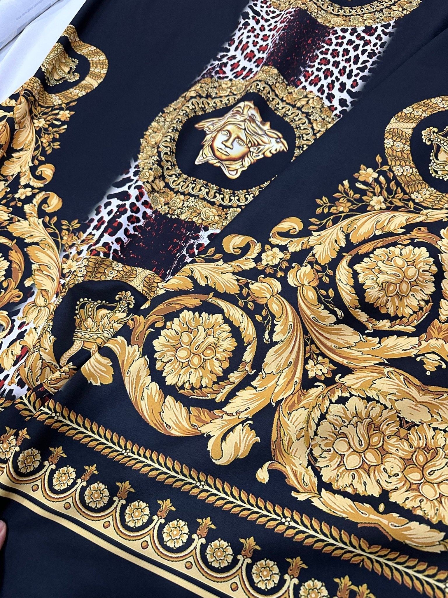 Baroque Pattern Silky Crepe Fabric, leopard pattern Black Gold Fabric - Whotex