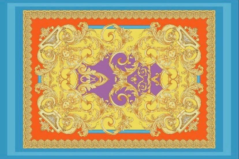 Baroque Pattern Silky Crepe Fabric, Orange Blue Design Fabric, Panel Fabric 150*100cm // 1.64 * 1.09 yard - Whotex Online Fabric Store