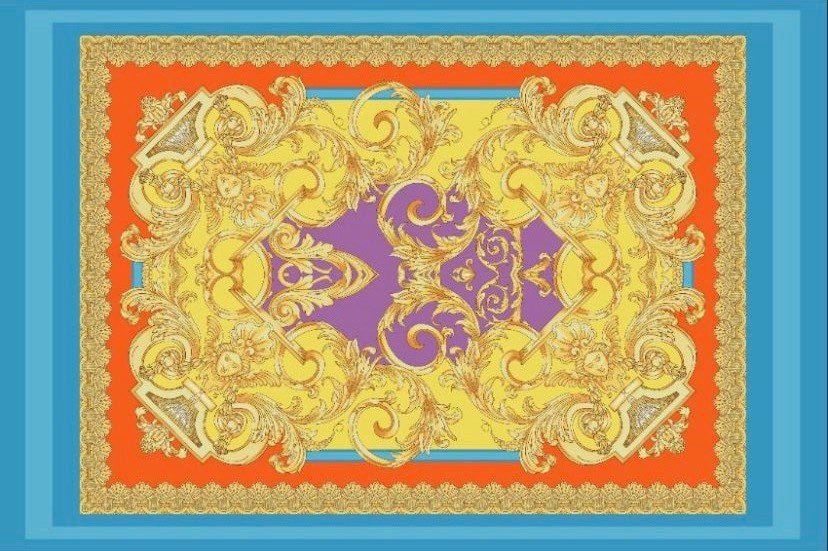 Baroque Pattern Silky Crepe Fabric, Orange Blue Design Fabric, Panel Fabric 150*100cm // 1.64 * 1.09 yard - Whotex