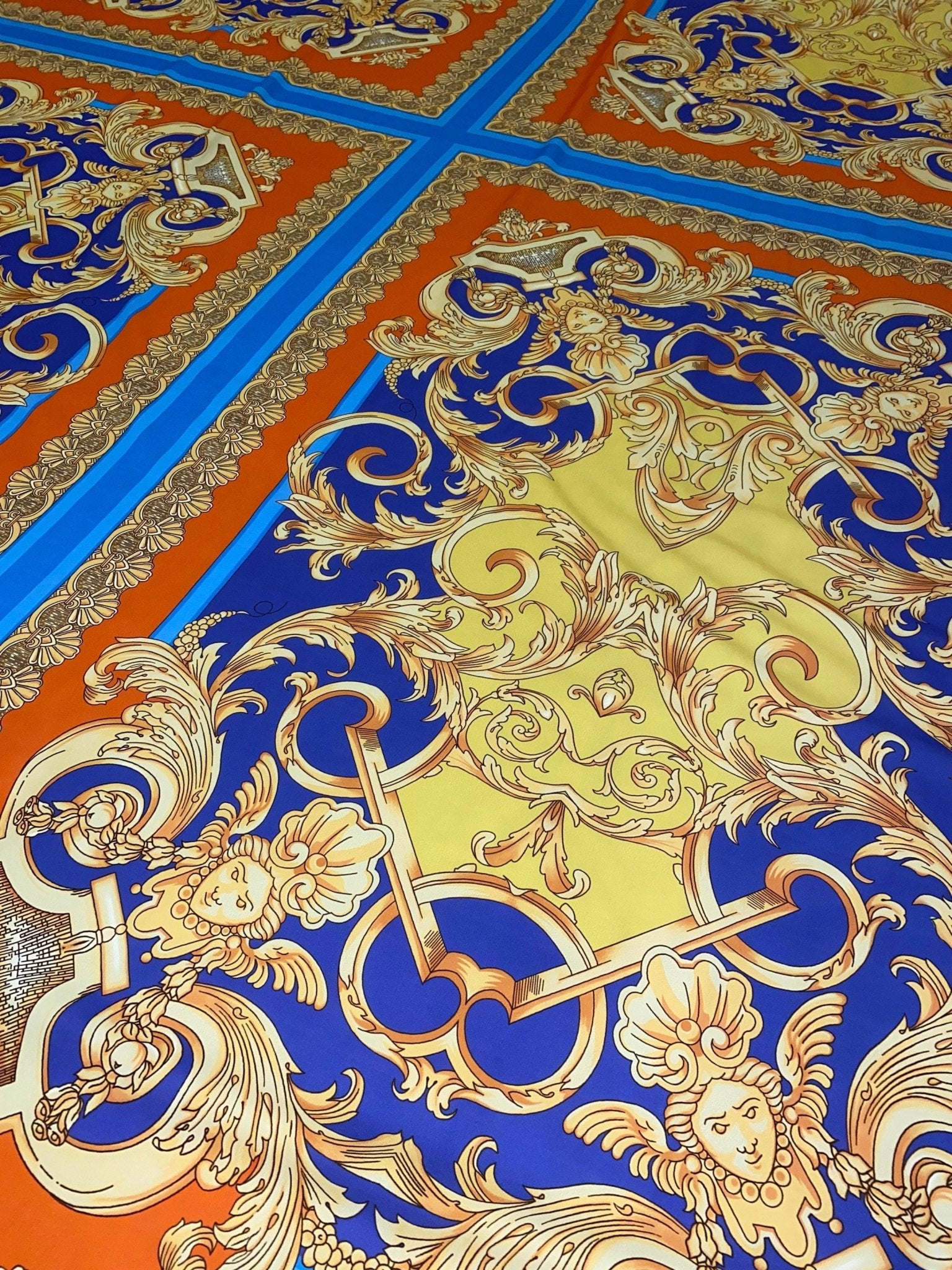 Baroque Pattern Silky Crepe Fabric, Orange Blue Desing Fabric - Whotex