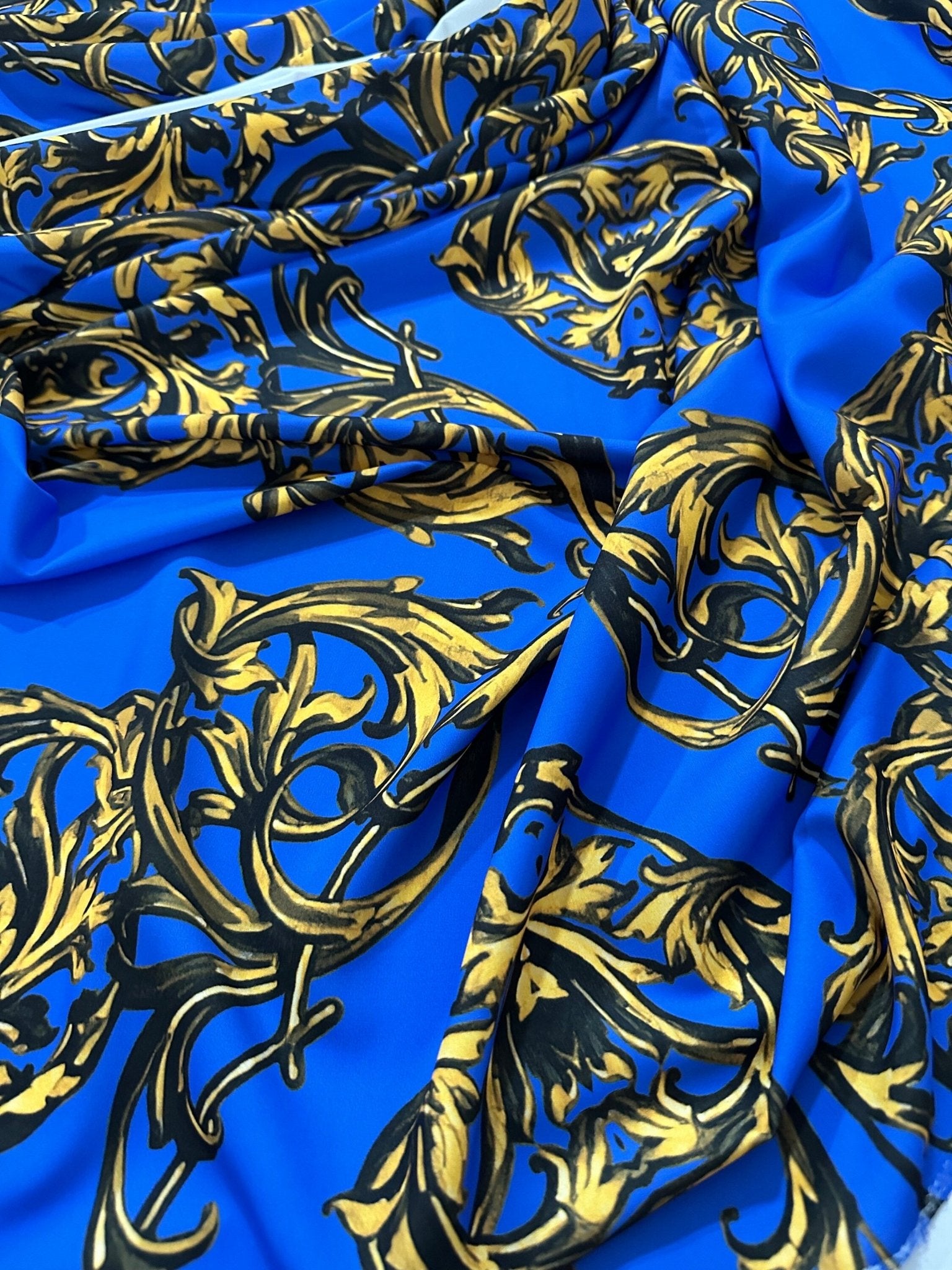 Baroque Pattern Silky Crepe Fabric, Royal Blue Color Fabric - Whotex