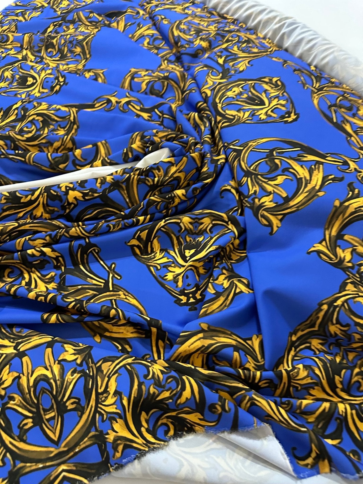 Baroque Pattern Silky Crepe Fabric, Royal Blue Color Fabric - Whotex