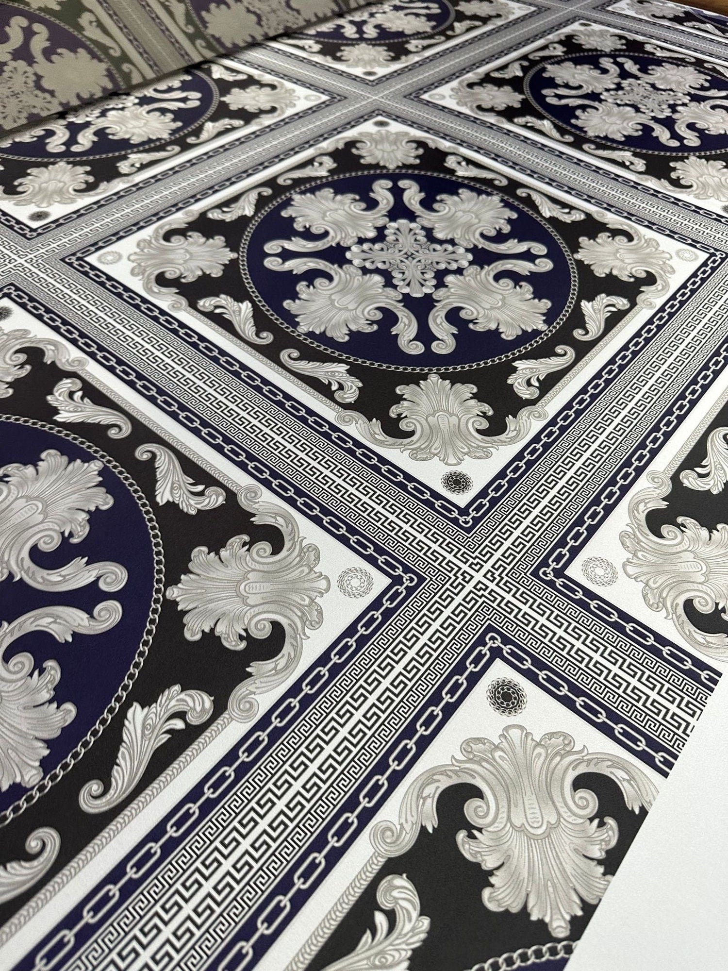 Baroque Pattern With Border Fabric, Navy Blue Color, Greek Key Design - Whotex Online Fabric Store