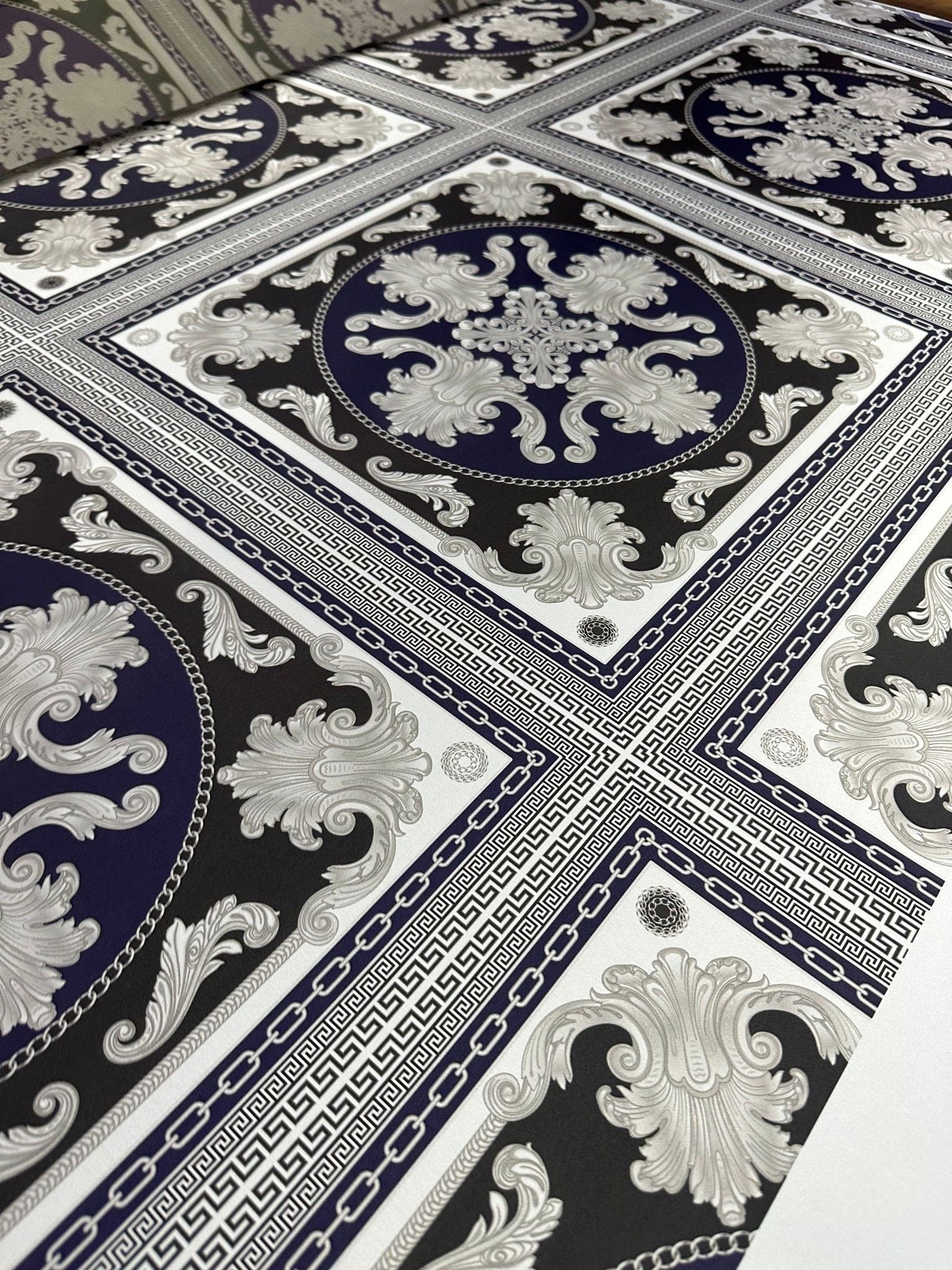 Baroque Pattern With Border Fabric, Navy Blue Color, Greek Key Design - Whotex Online Fabric Store
