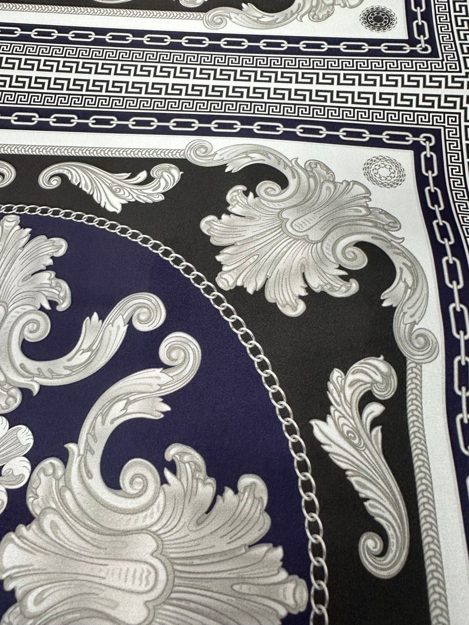 Baroque Pattern With Border Fabric, Navy Blue Color, Greek Key Design - Whotex Online Fabric Store