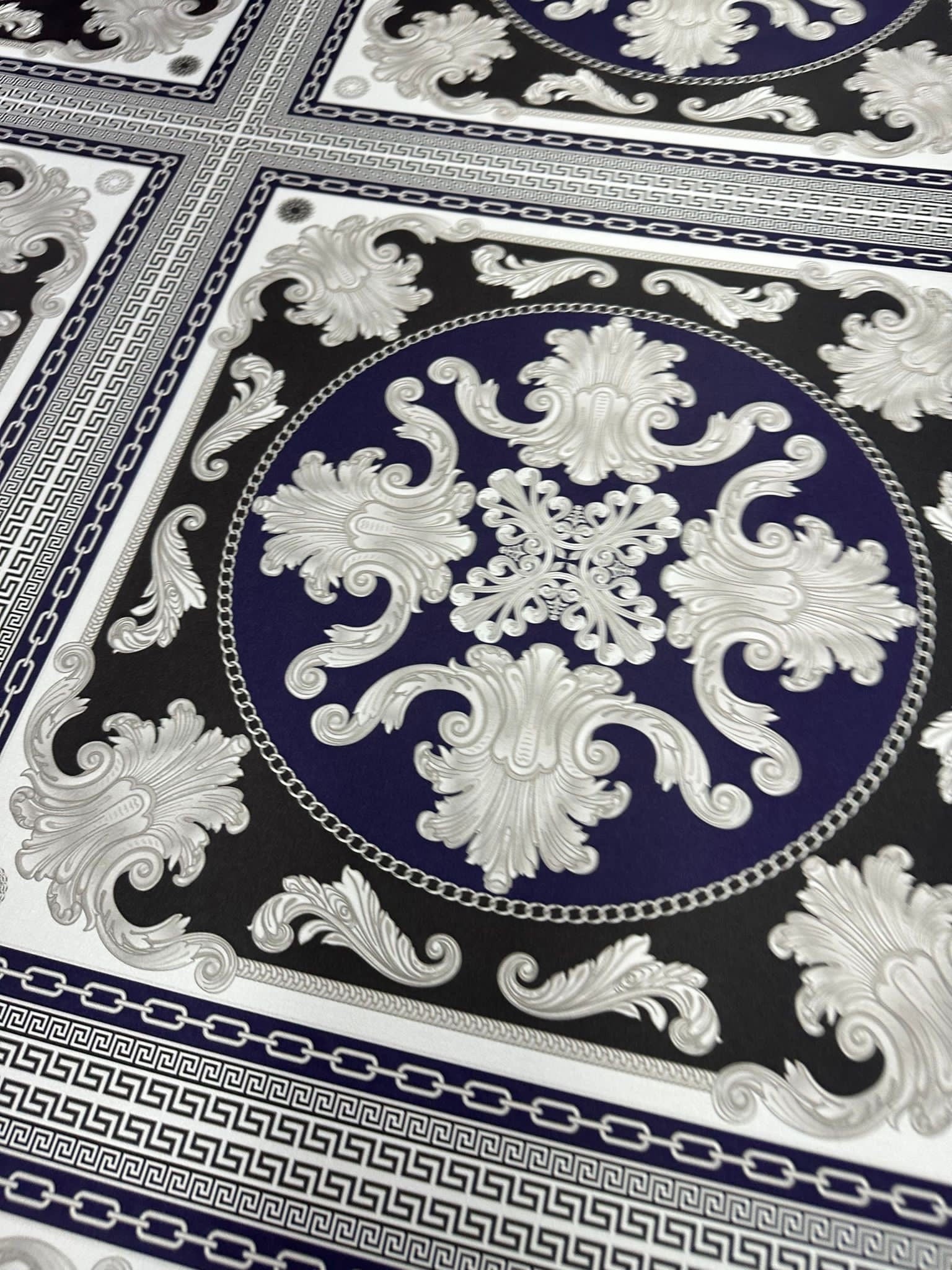 Baroque Pattern With Border Fabric, Navy Blue Color, Greek Key Design - Whotex Online Fabric Store
