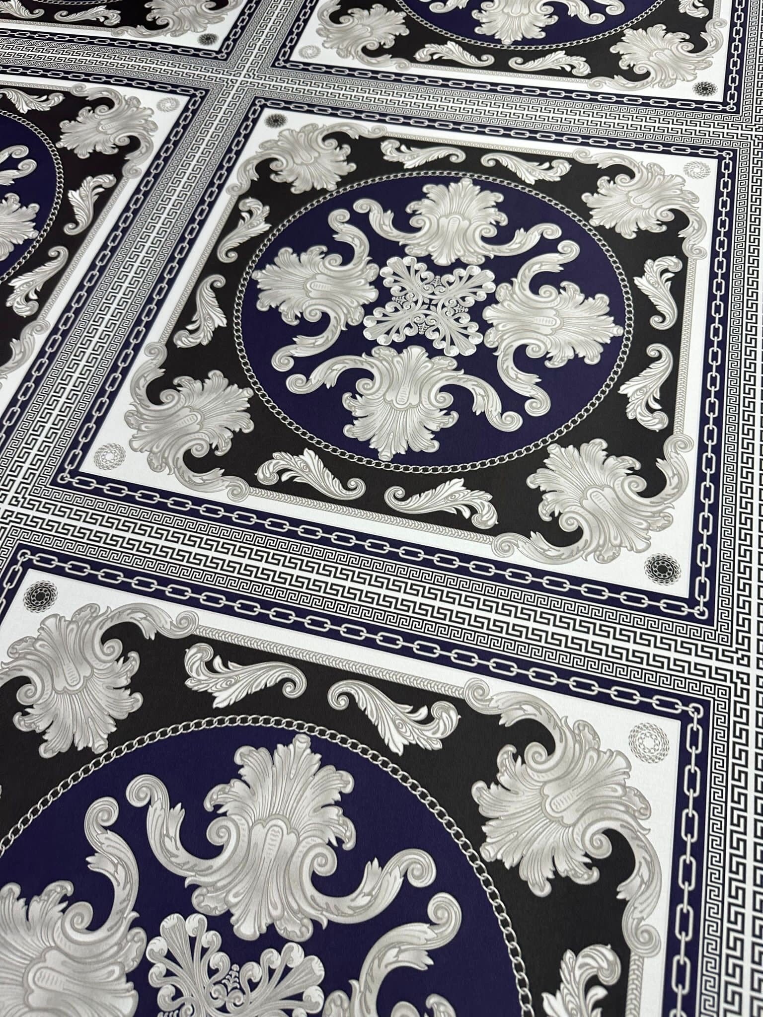 Baroque Pattern With Border Fabric, Navy Blue Color, Greek Key Design - Whotex Online Fabric Store