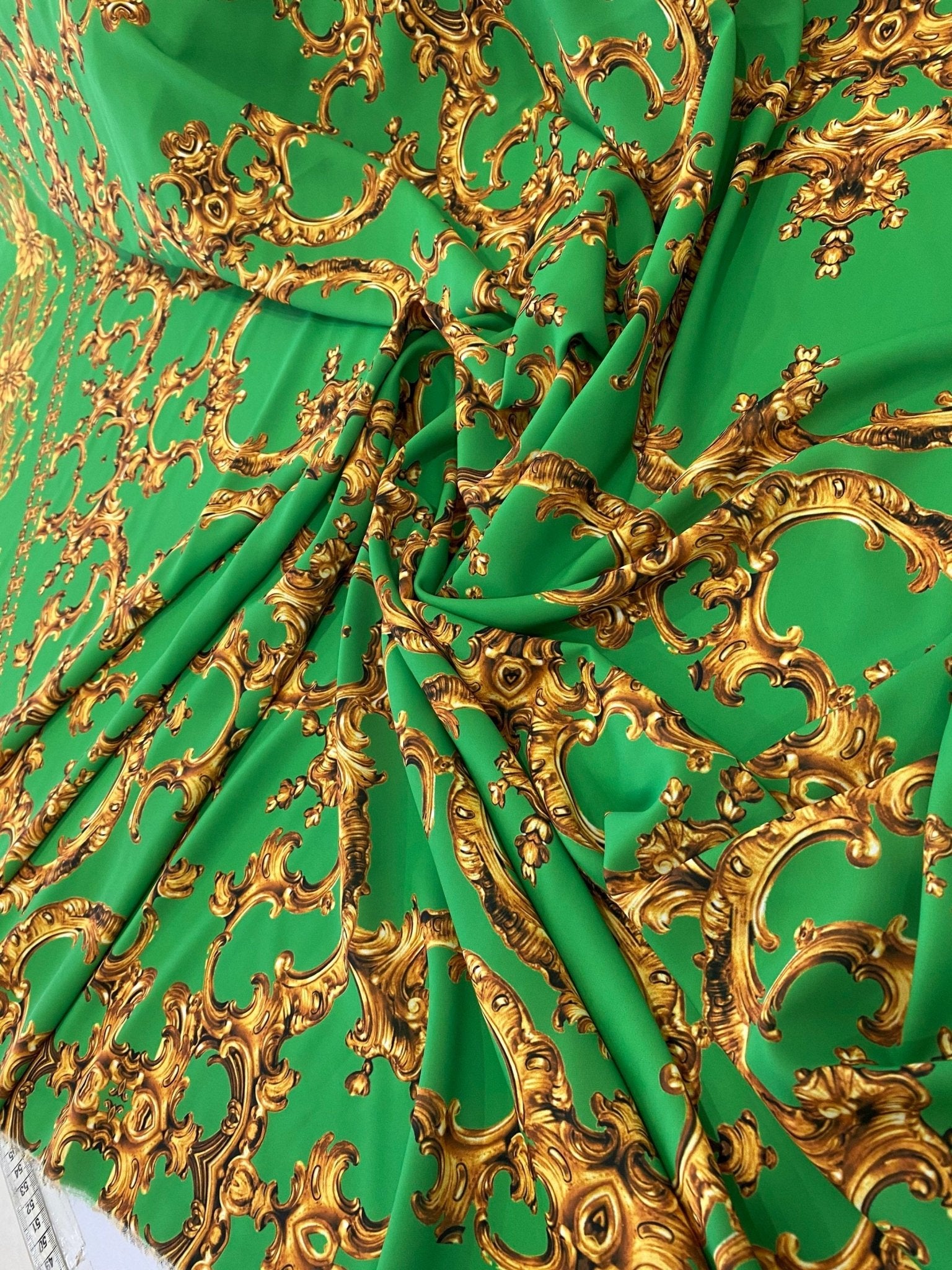 Baroque Print Silky Crepe Fabric, Green Gold Fabric - Whotex